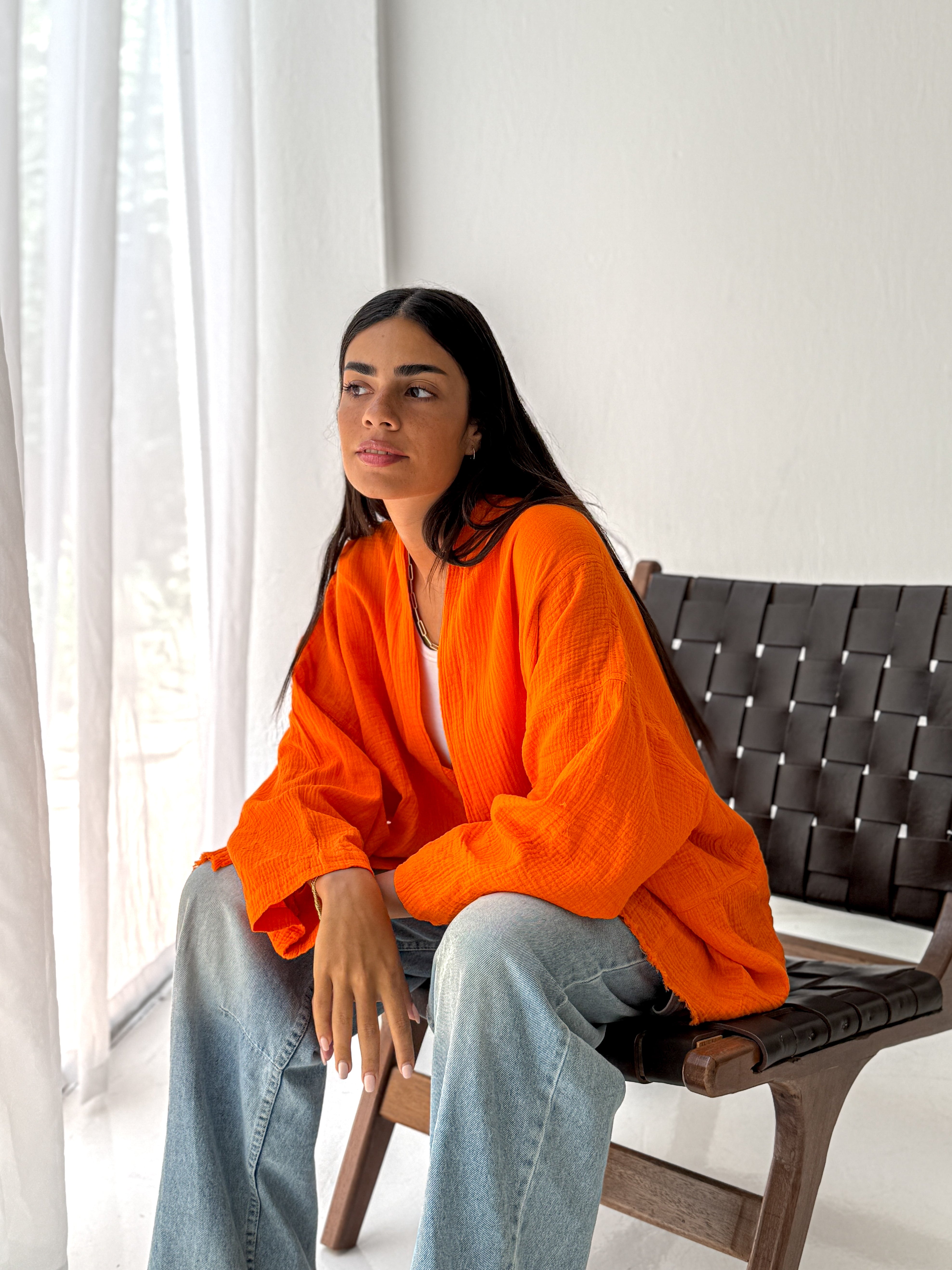 Cotton fringed kimono in Orange