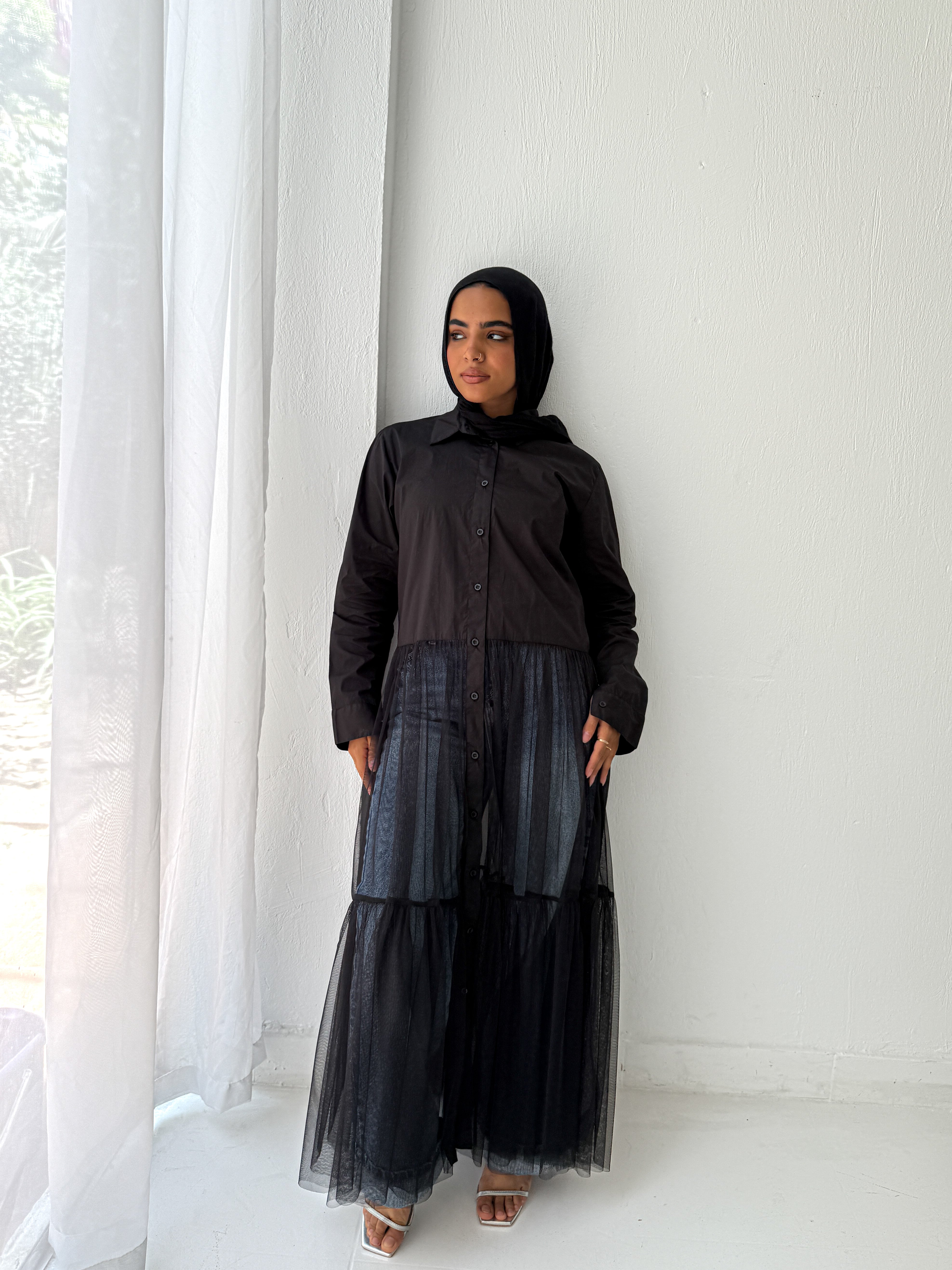 Tulle Shirt-Dress in Black