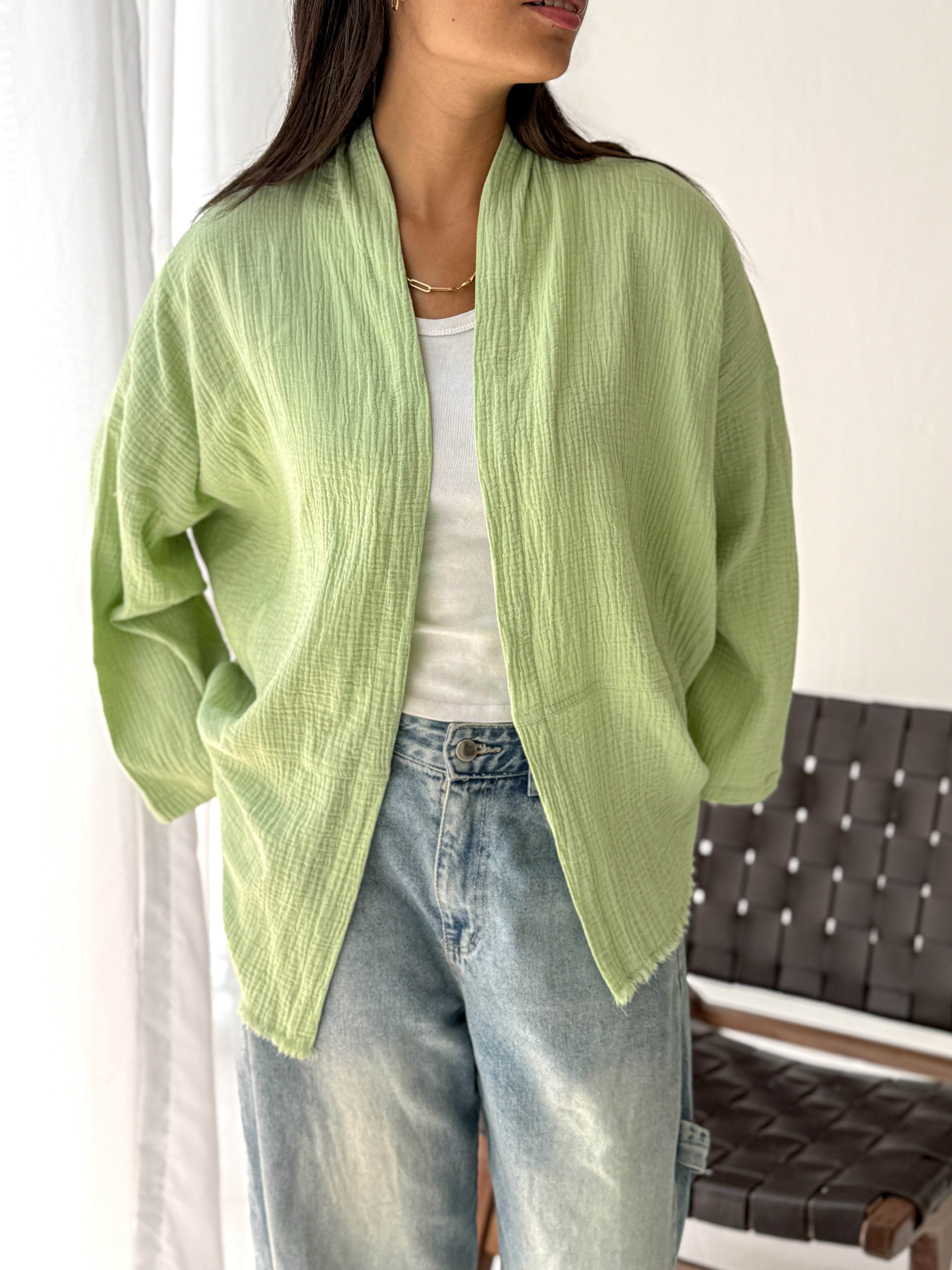 Cotton Fringed kimono in Mint
