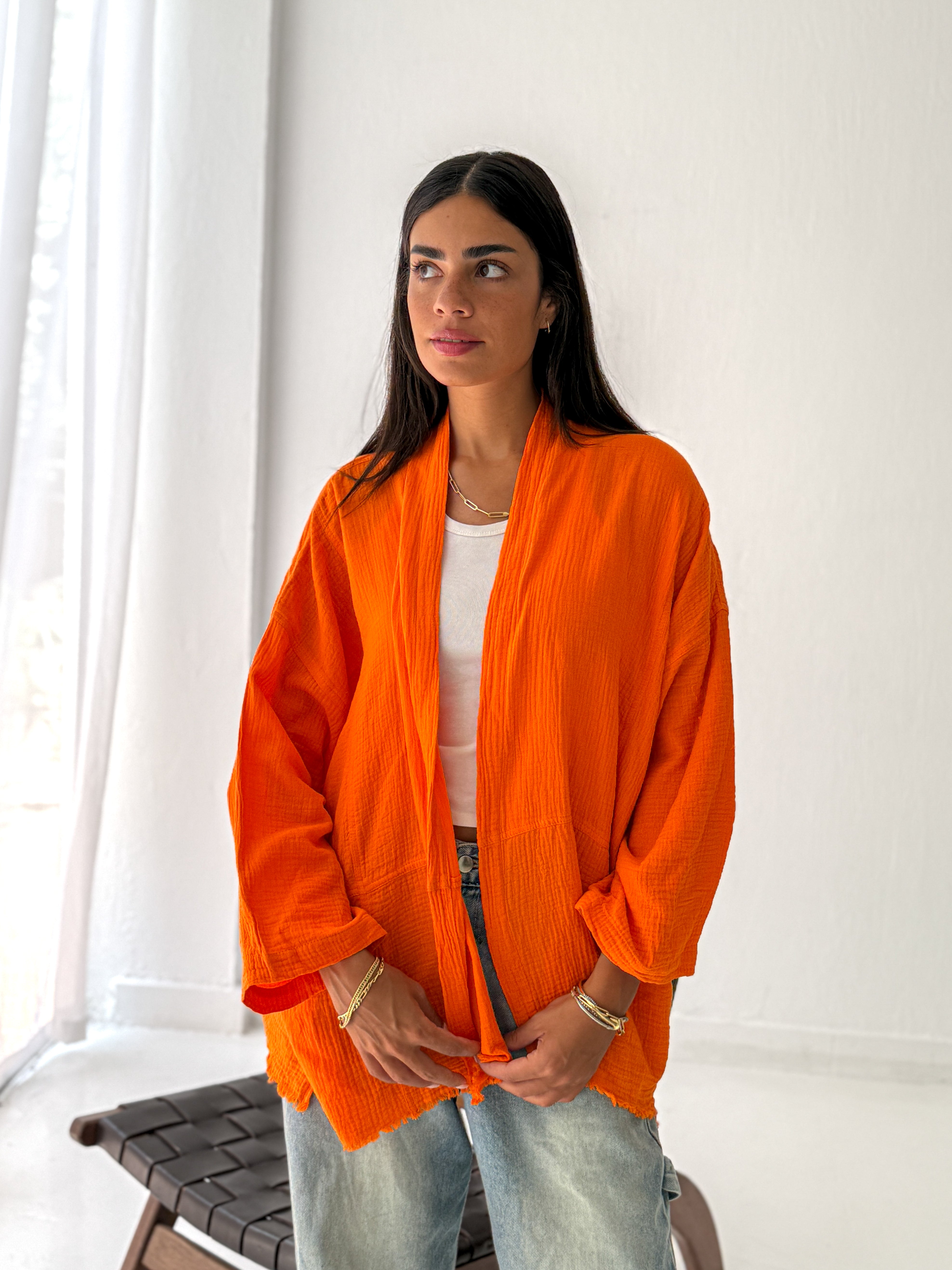 Cotton fringed kimono in Orange