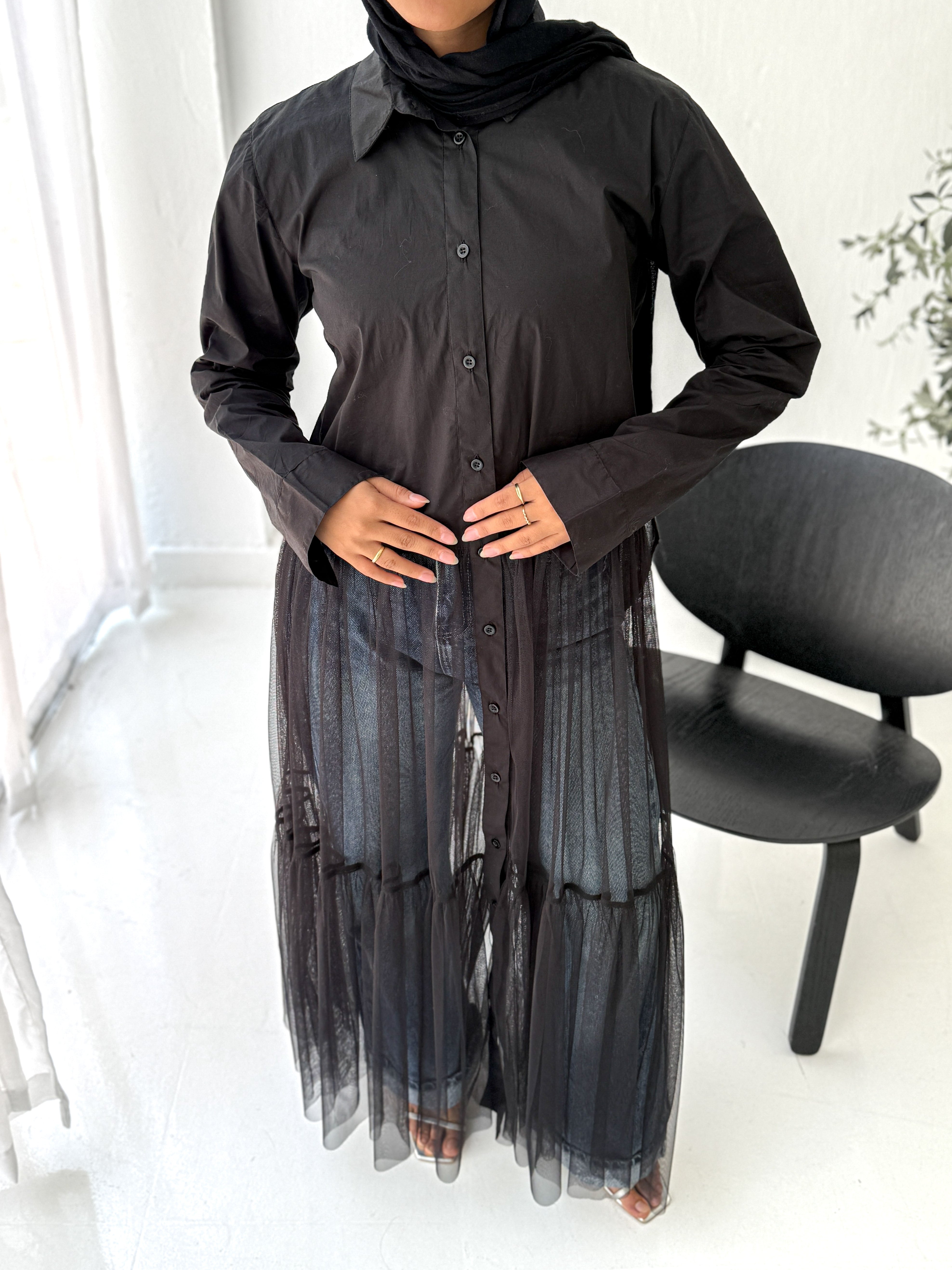 Tulle Shirt-Dress in Black
