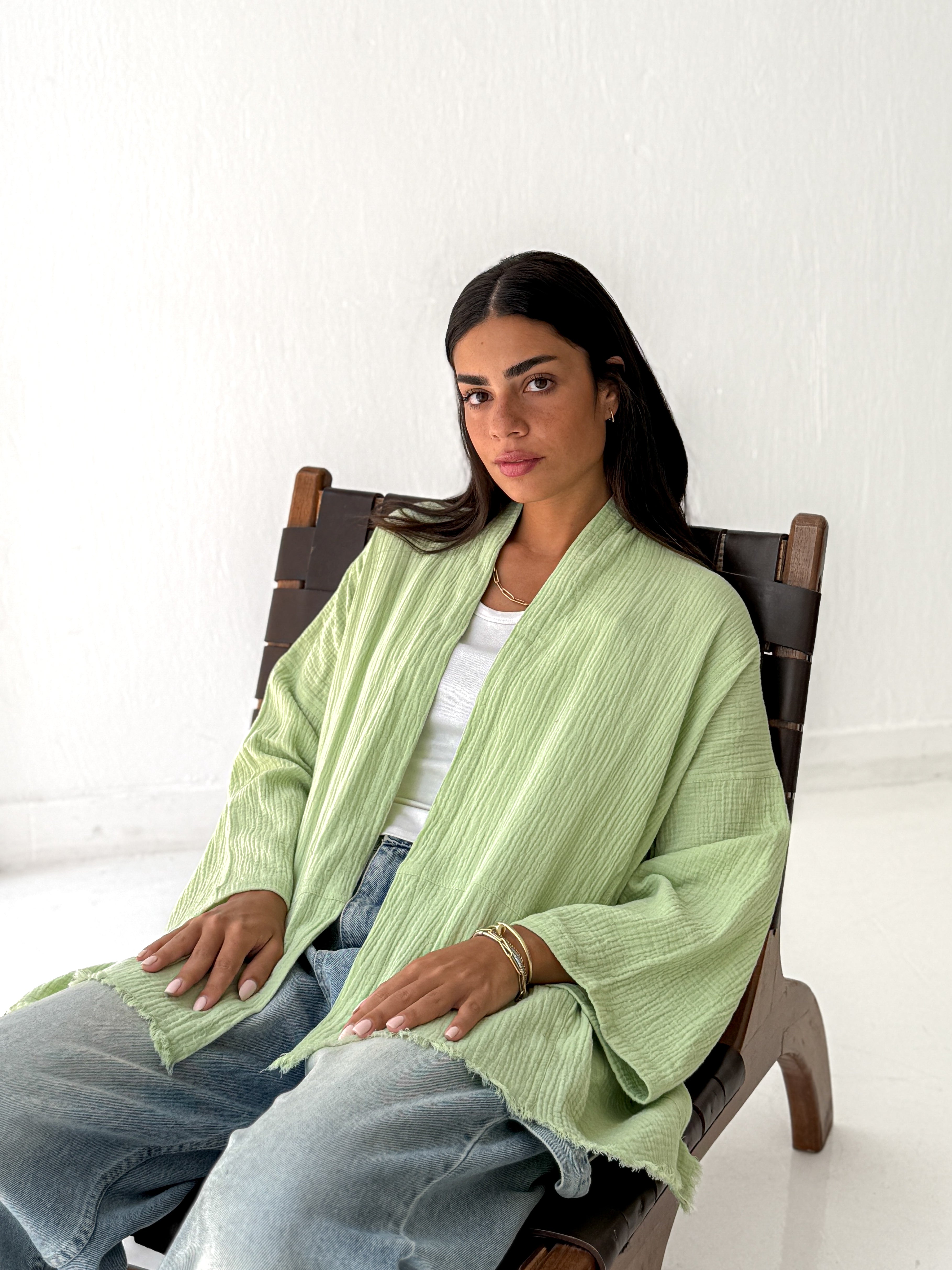 Cotton Fringed kimono in Mint