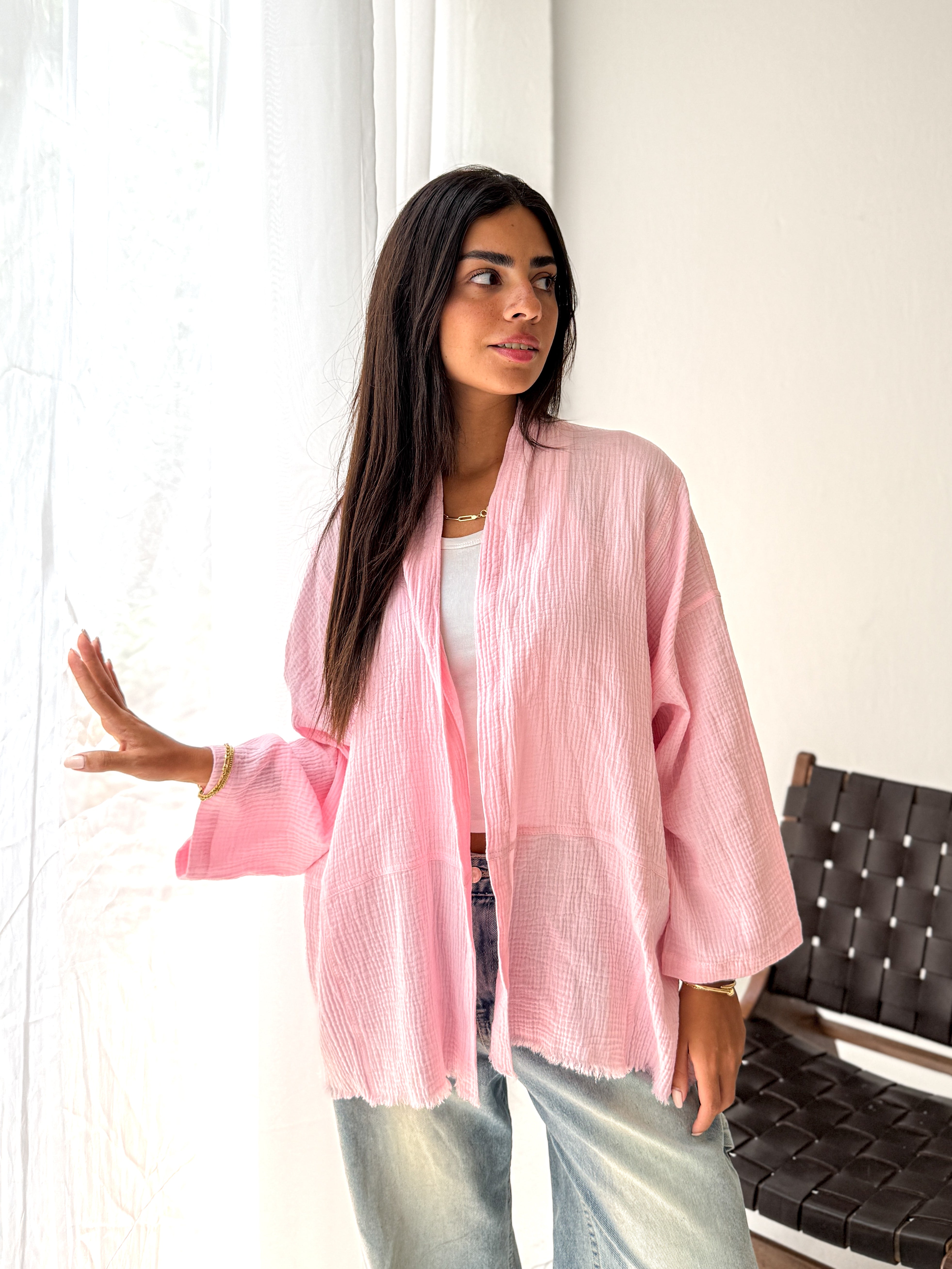 Cotton Fringed kimono in pink