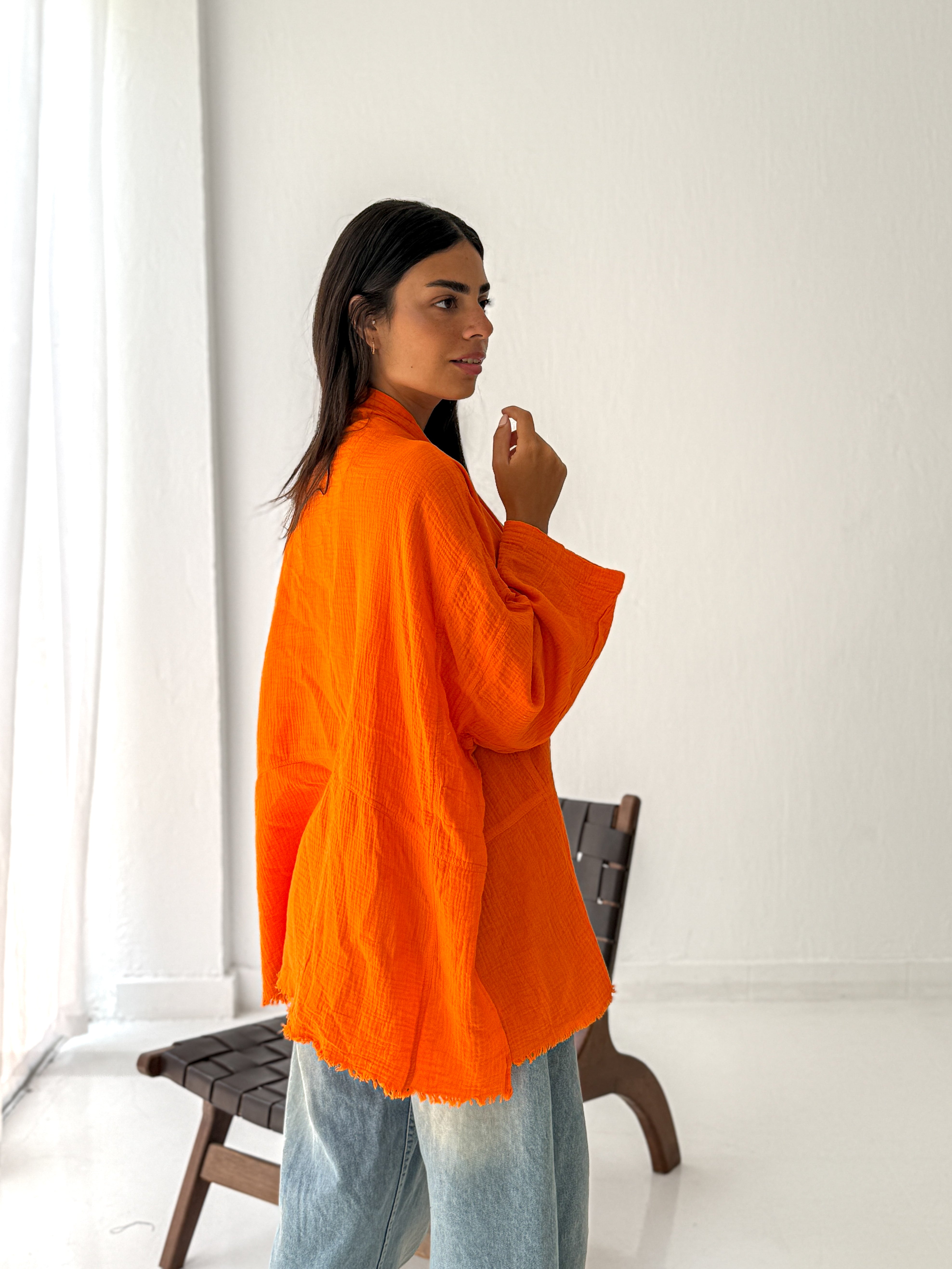 Cotton fringed kimono in Orange