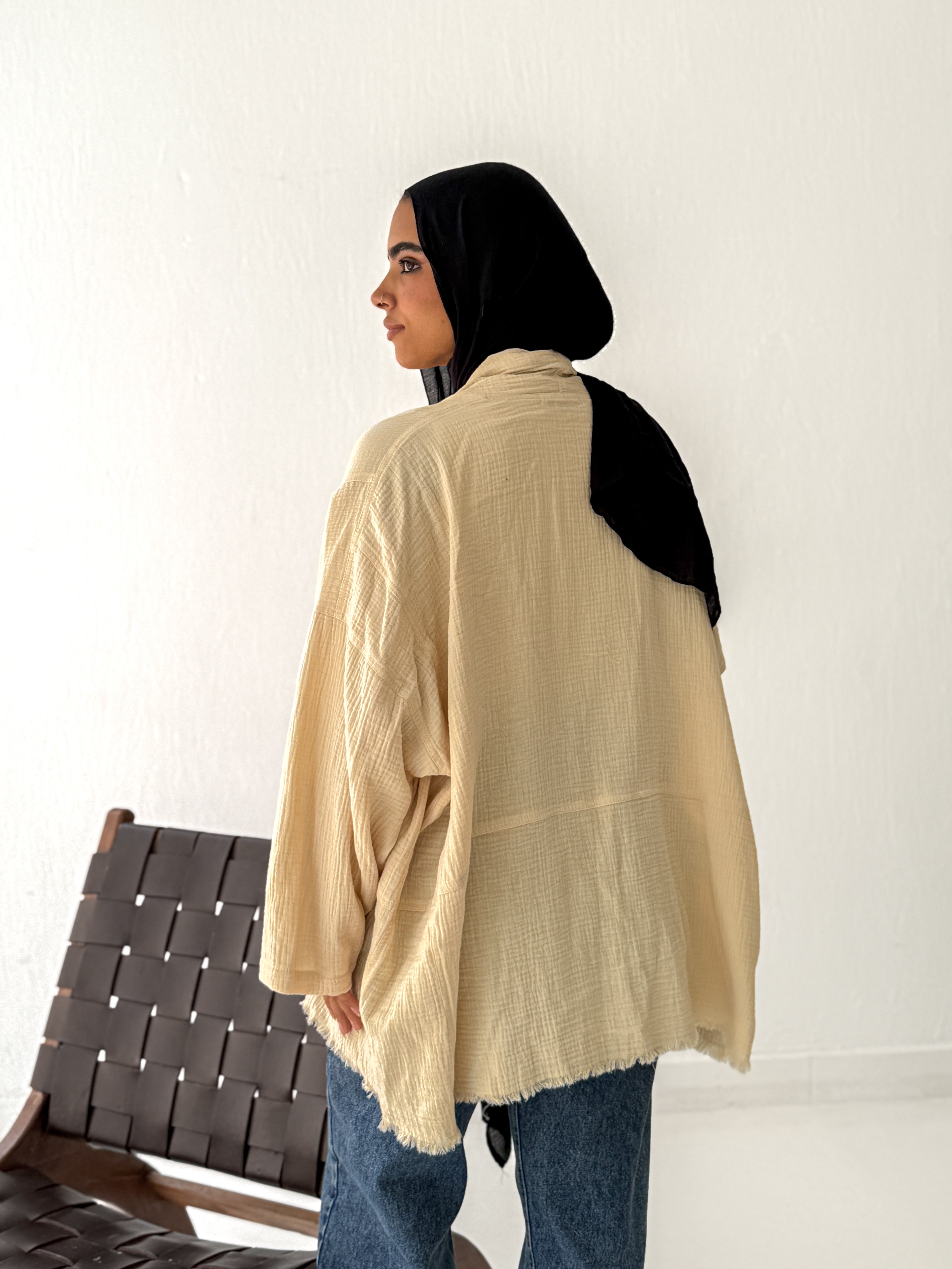 Cotton Fringed kimono in Beige