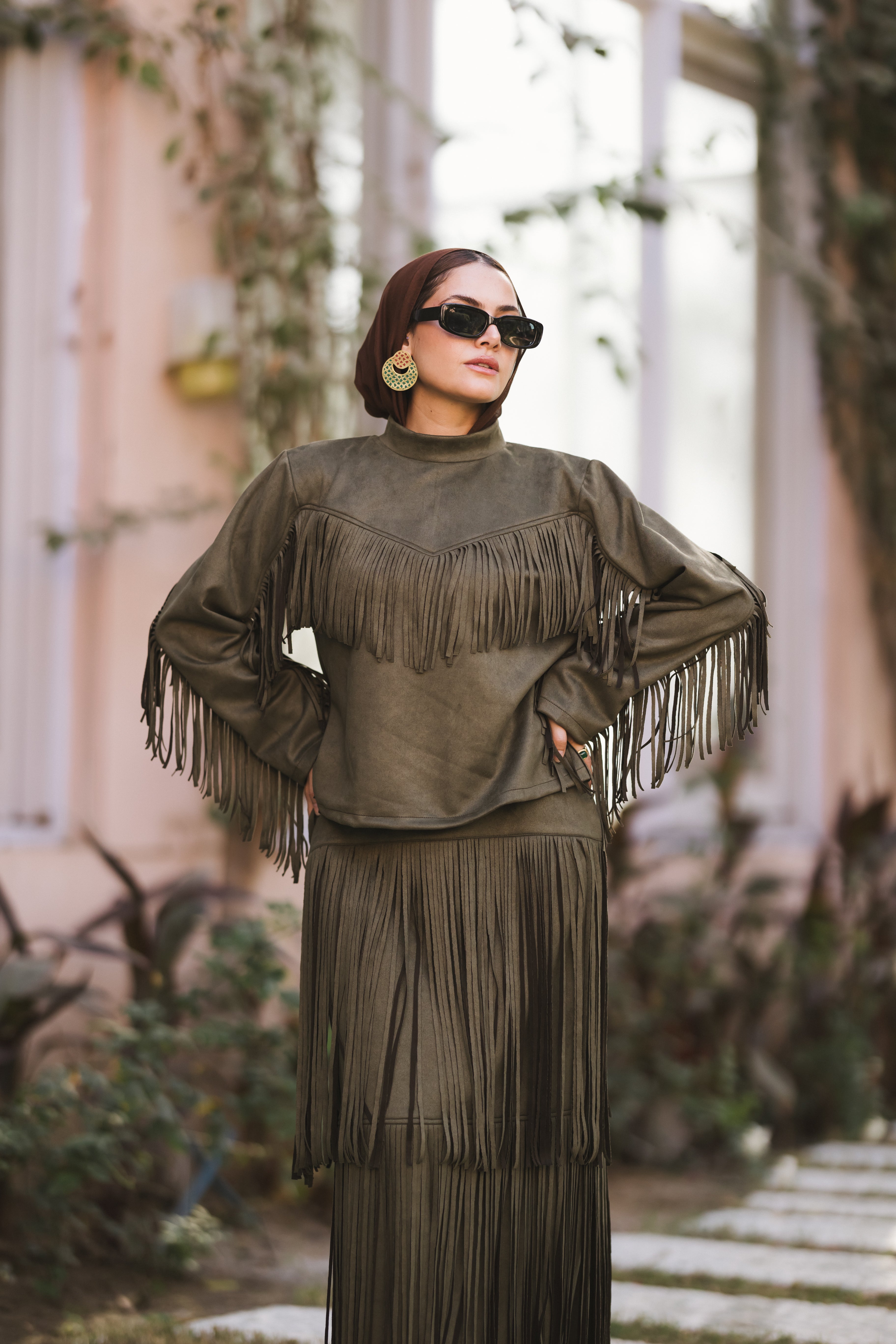 Suede fringes set in Olive