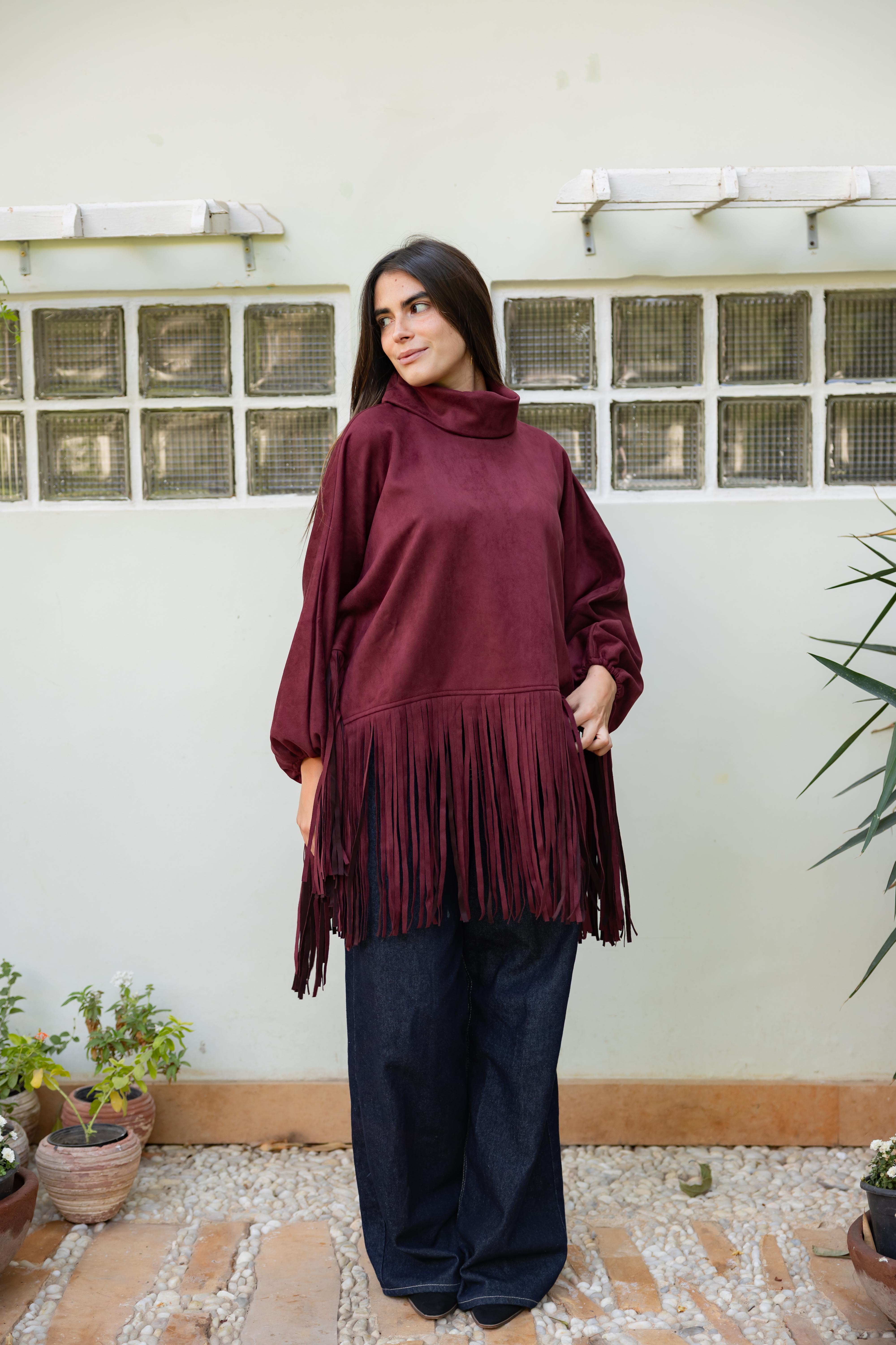 Suede Fringes top in Burgandy