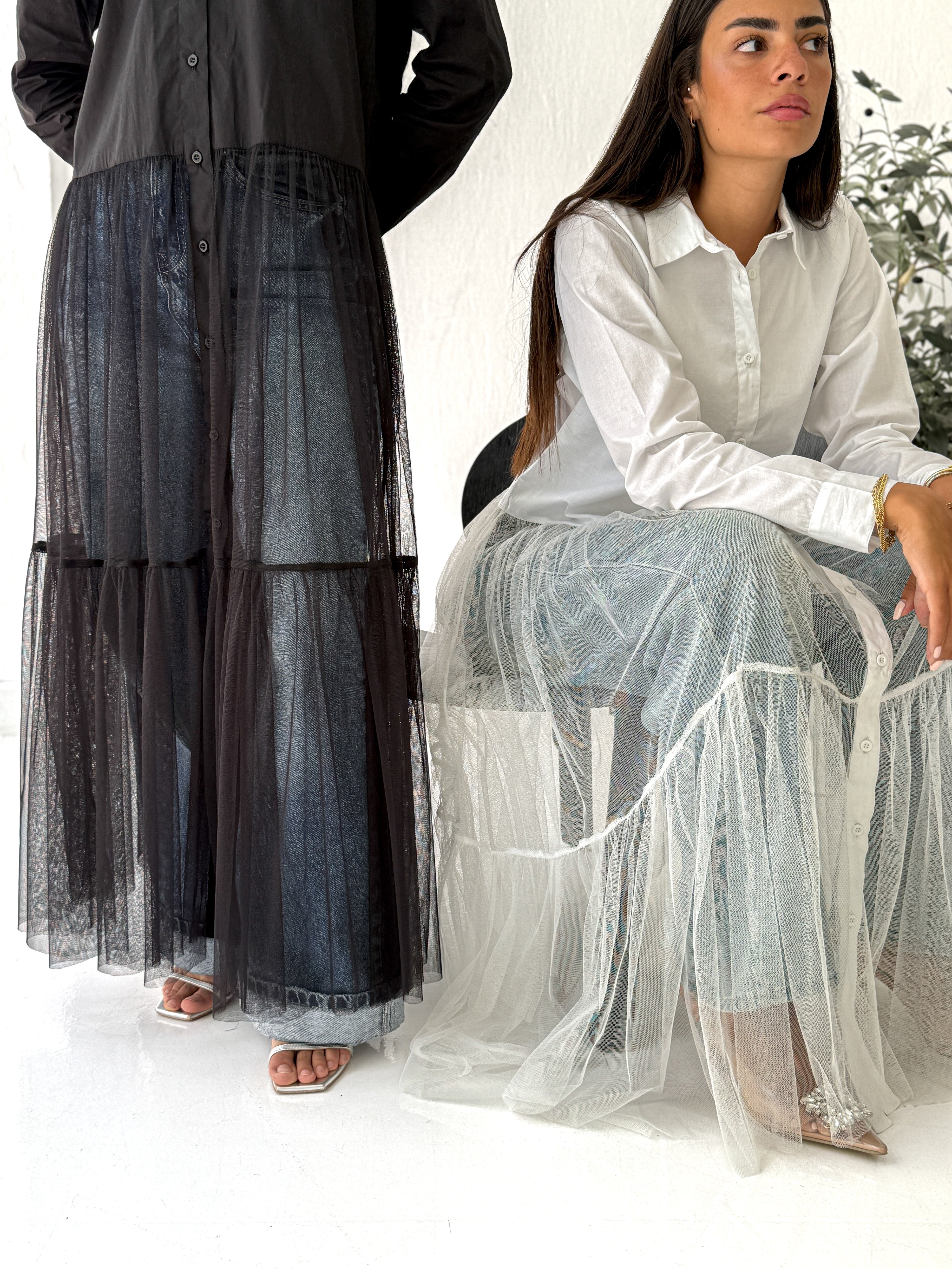 Tulle Shirt-Dress in Black