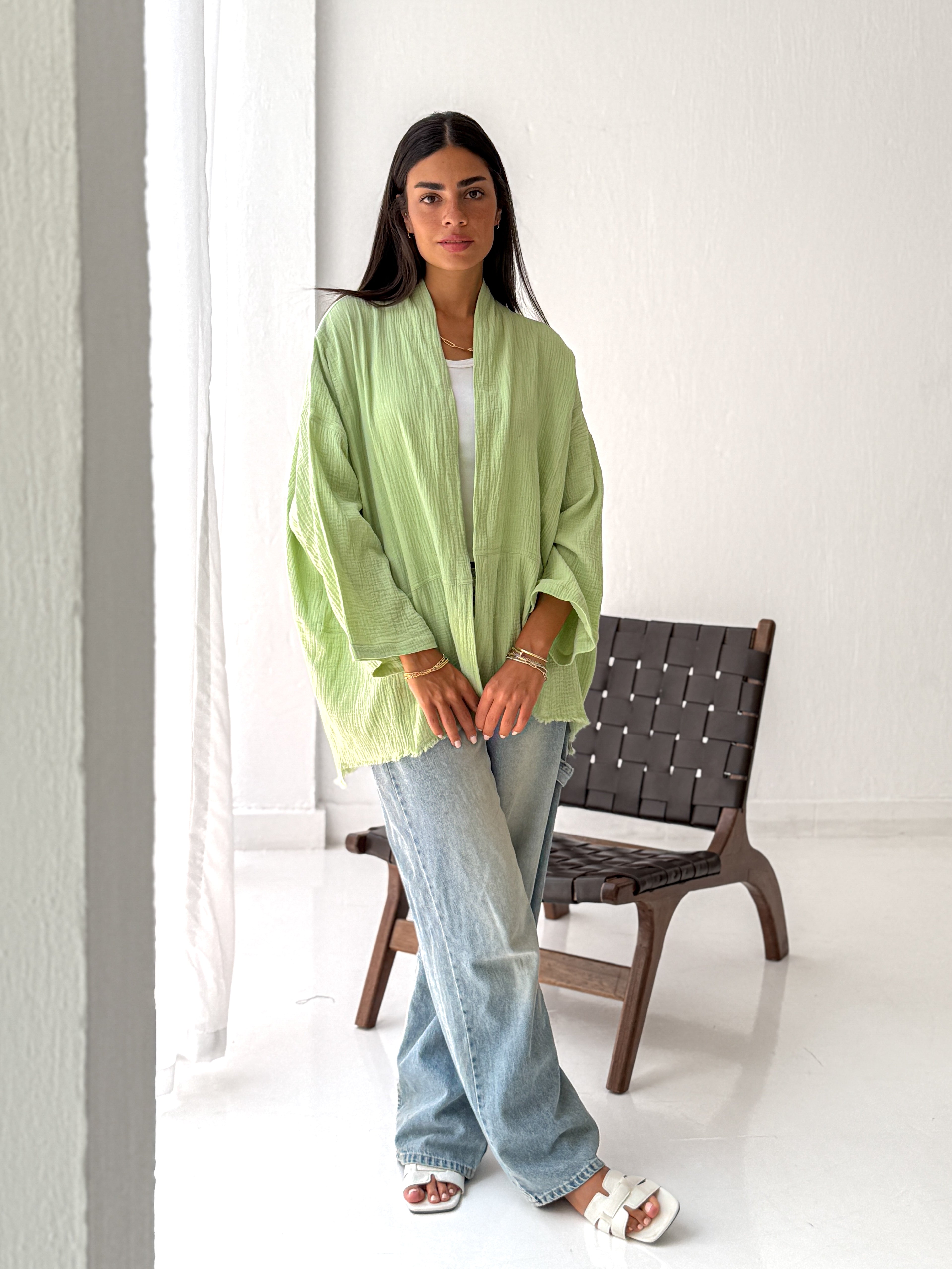 Cotton Fringed kimono in Mint