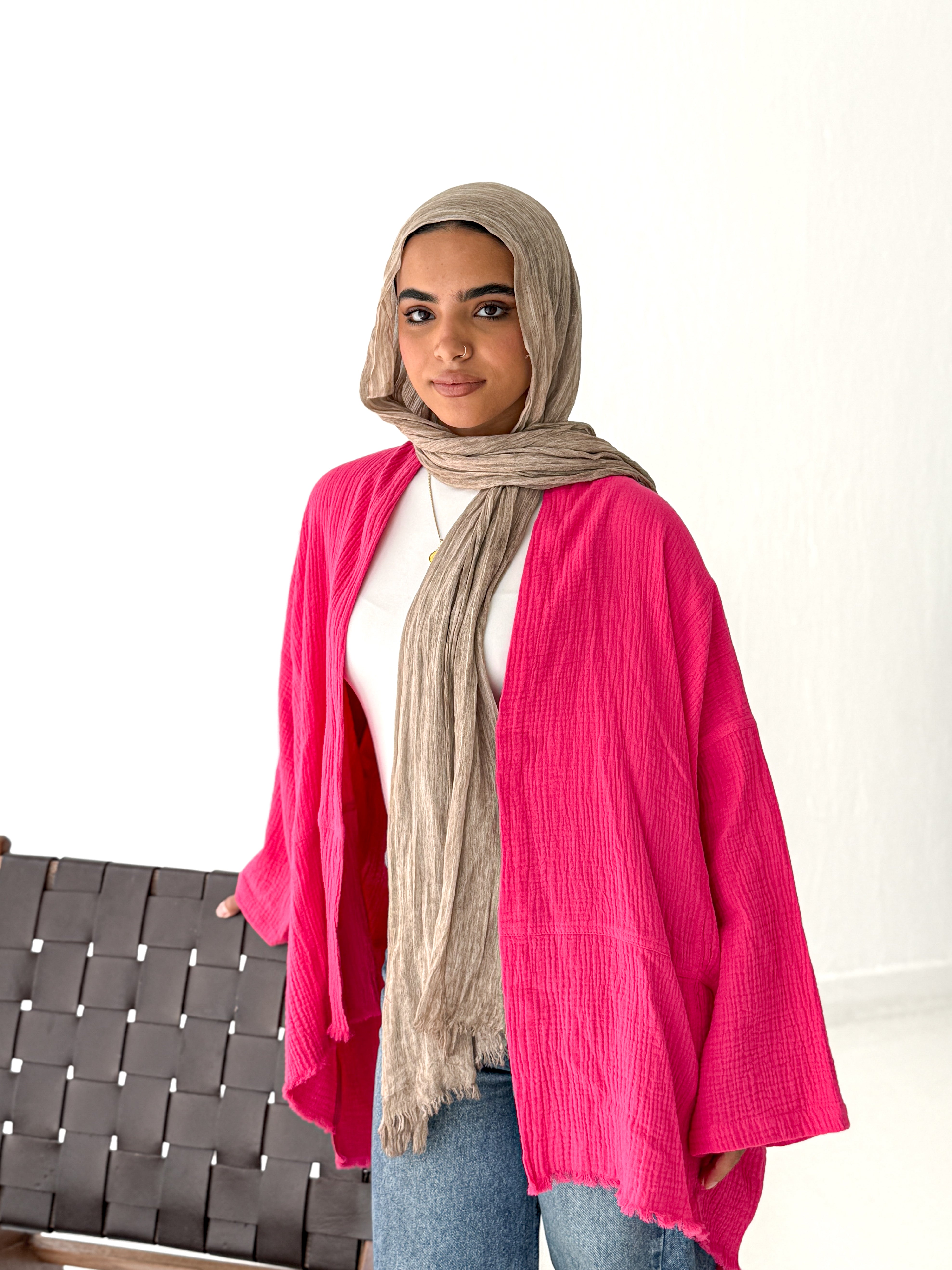 Cotton Fringed kimono in Fuchsia