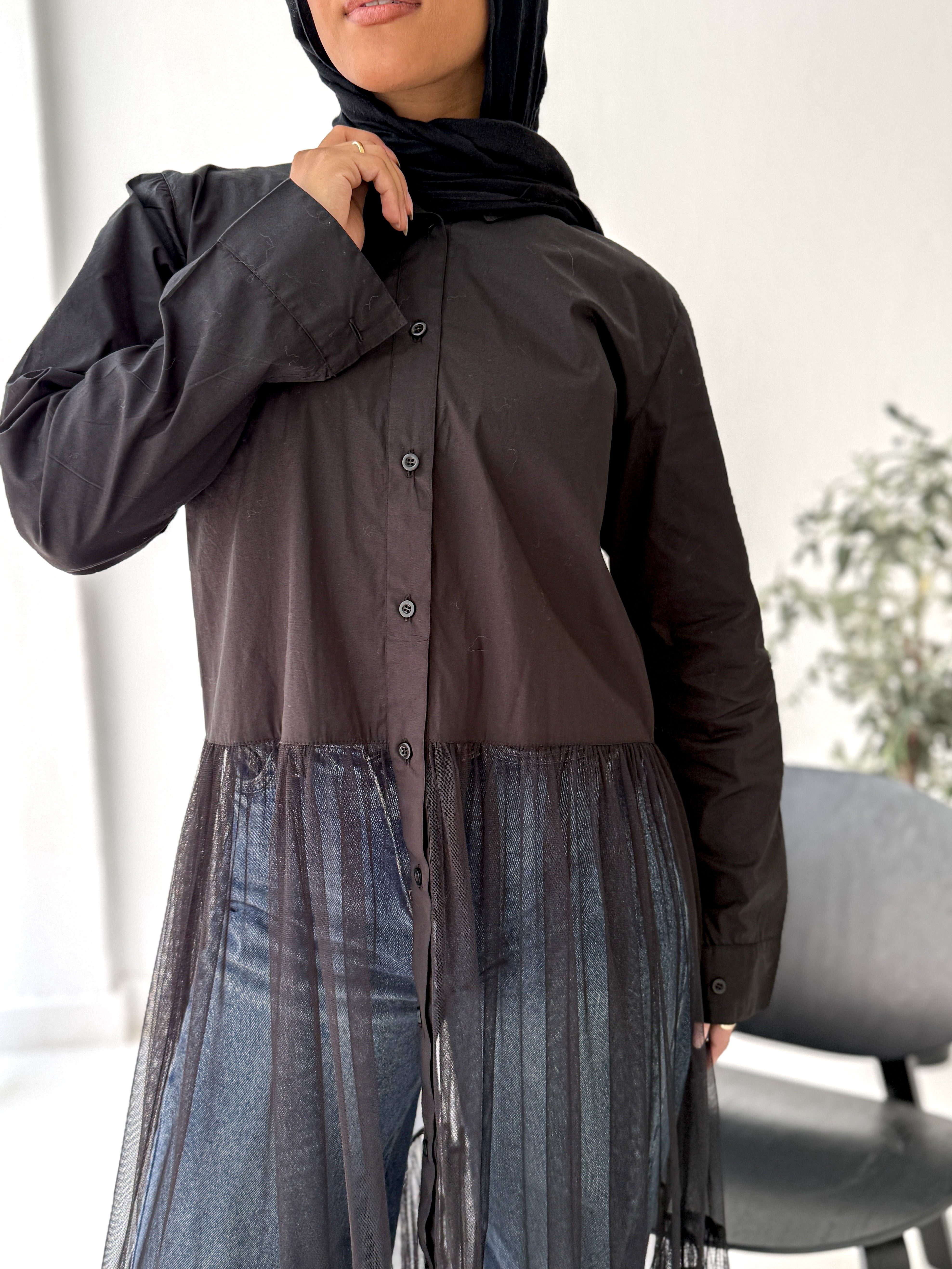 Tulle Shirt-Dress in Black