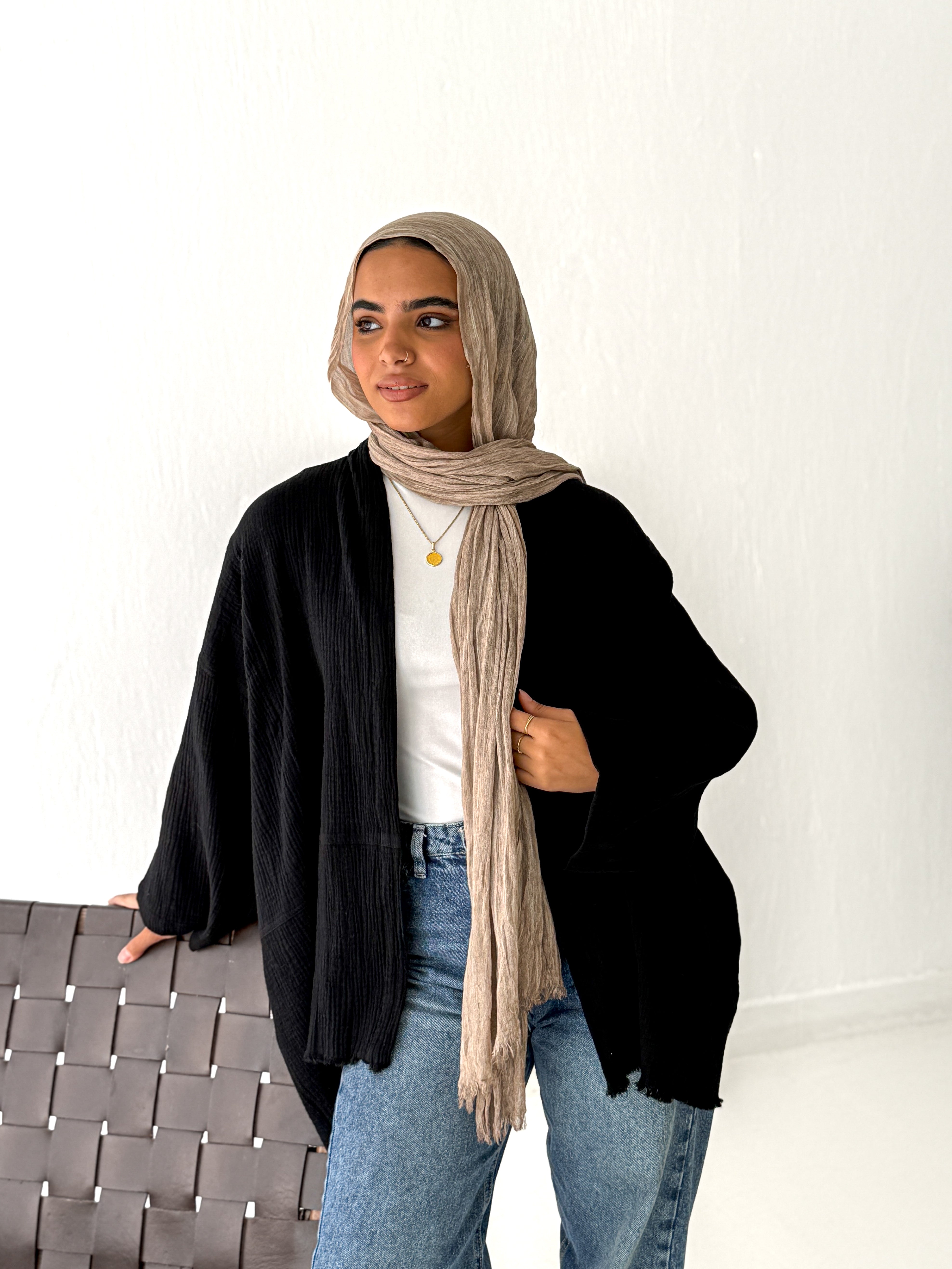 Cotton Fringed Kimono in Black