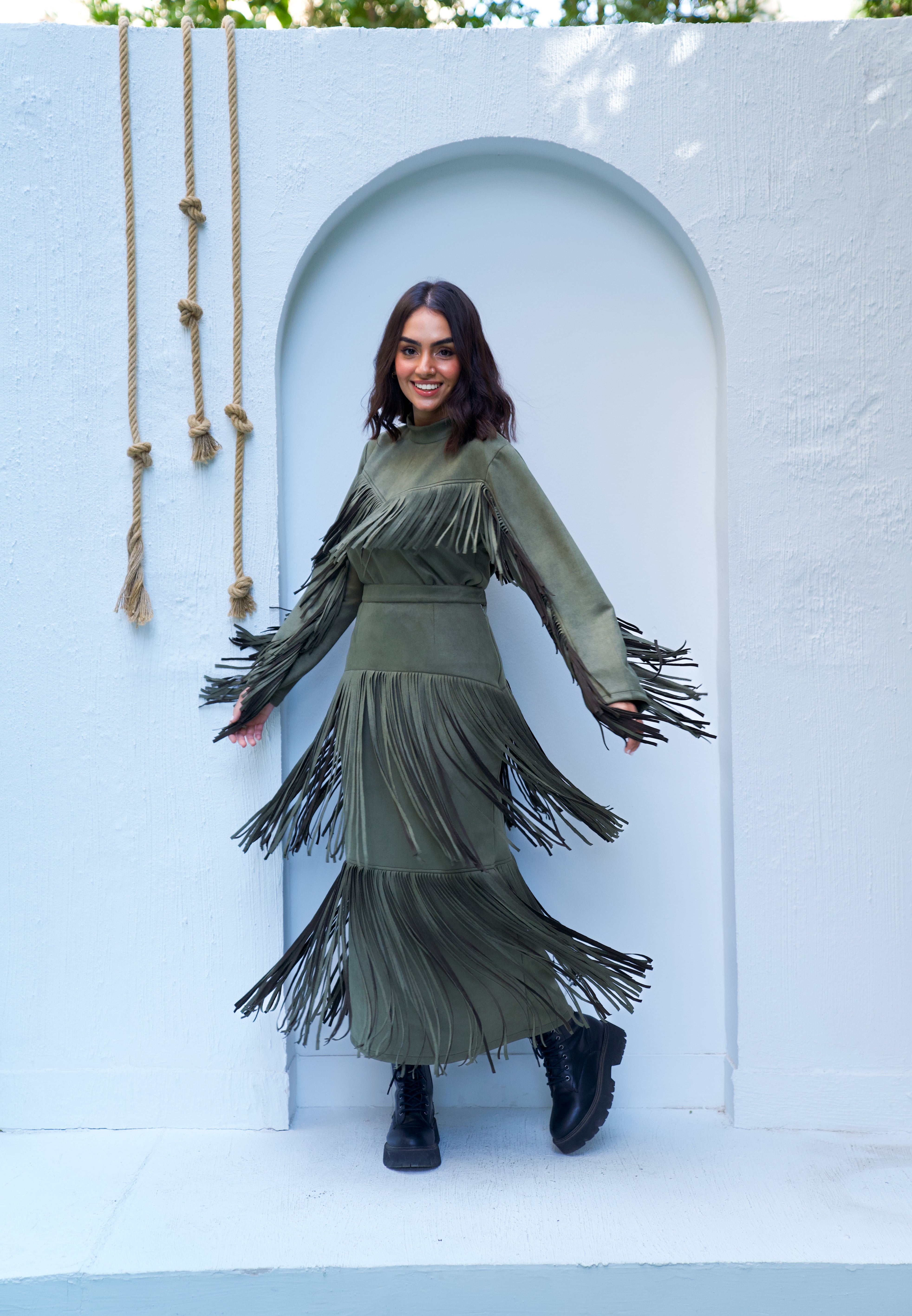 Suede fringes set in Olive