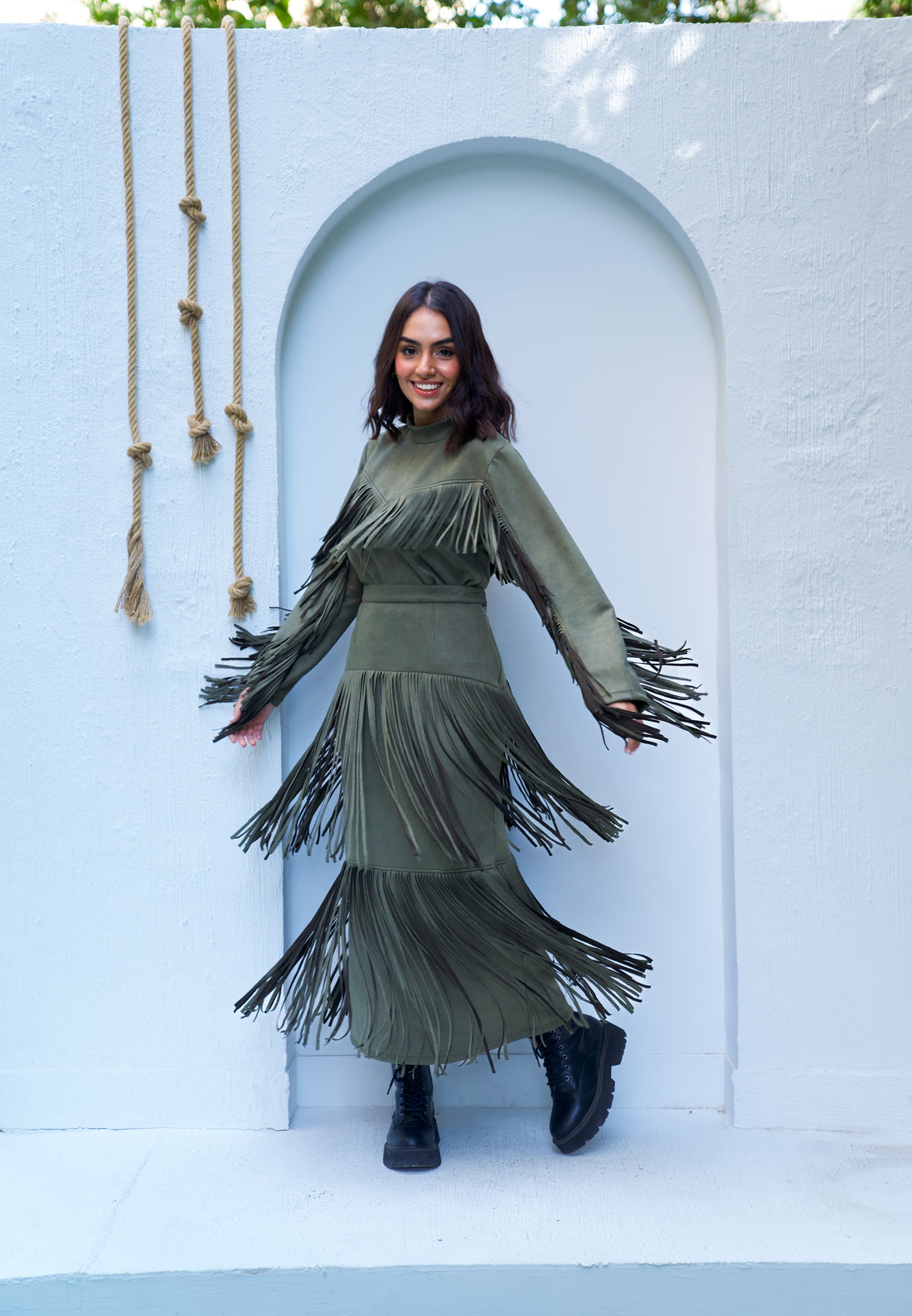 Suede fringes set in Olive