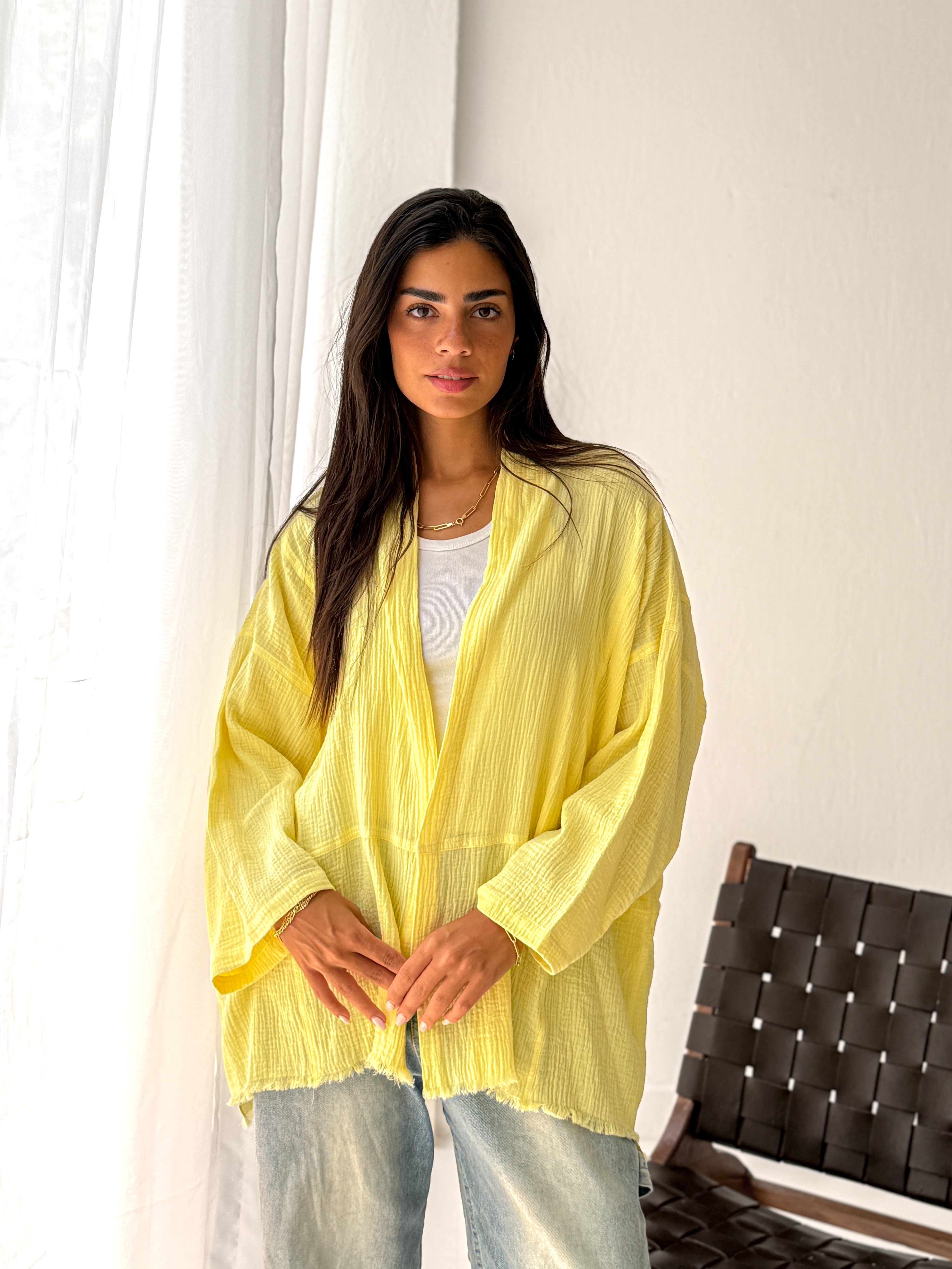 Cotton Fringed kimono in Yellow