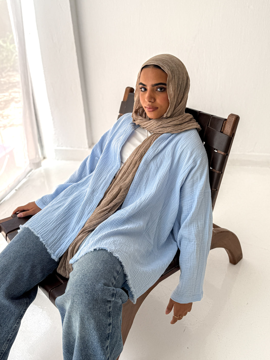 Cotton fringed kimono in baby blue