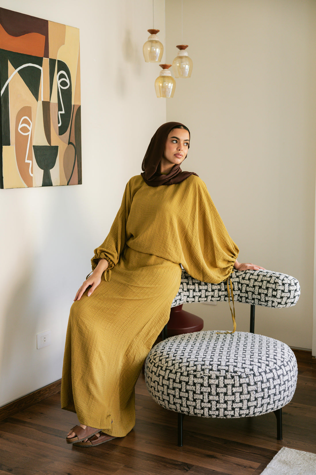 Drawstring dress in cumin
