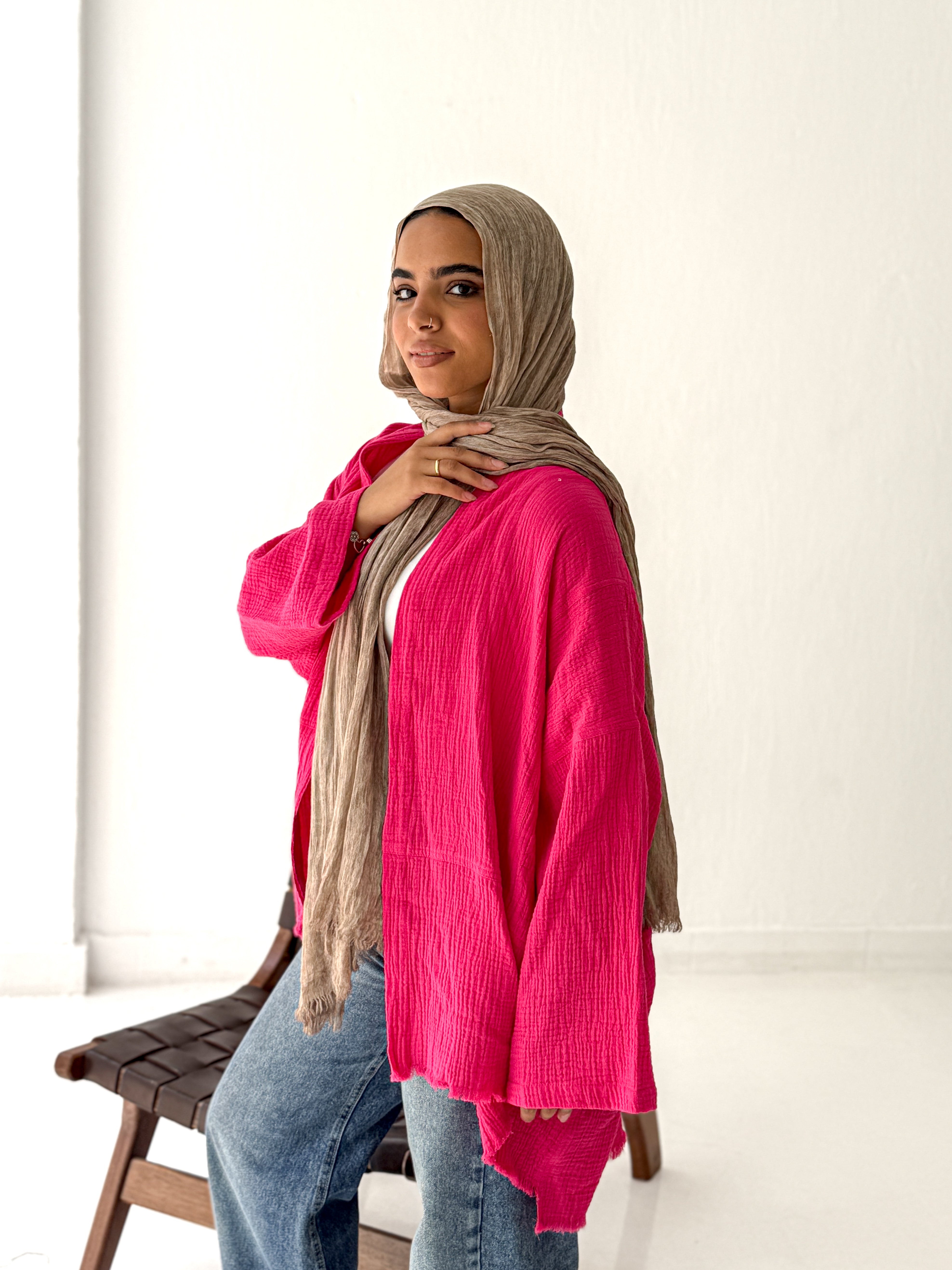 Cotton Fringed kimono in Fuchsia