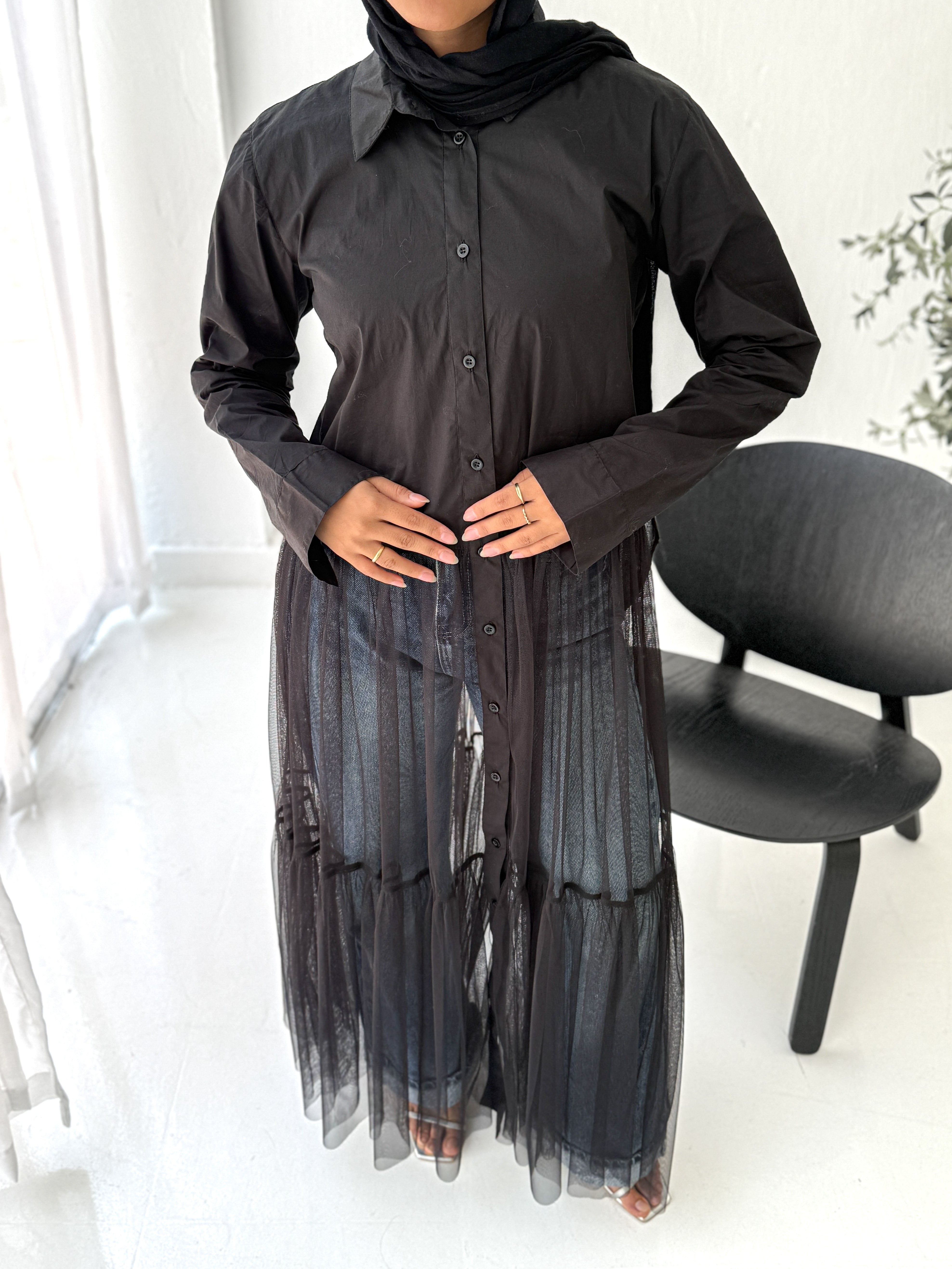 Tulle Shirt-Dress in Black