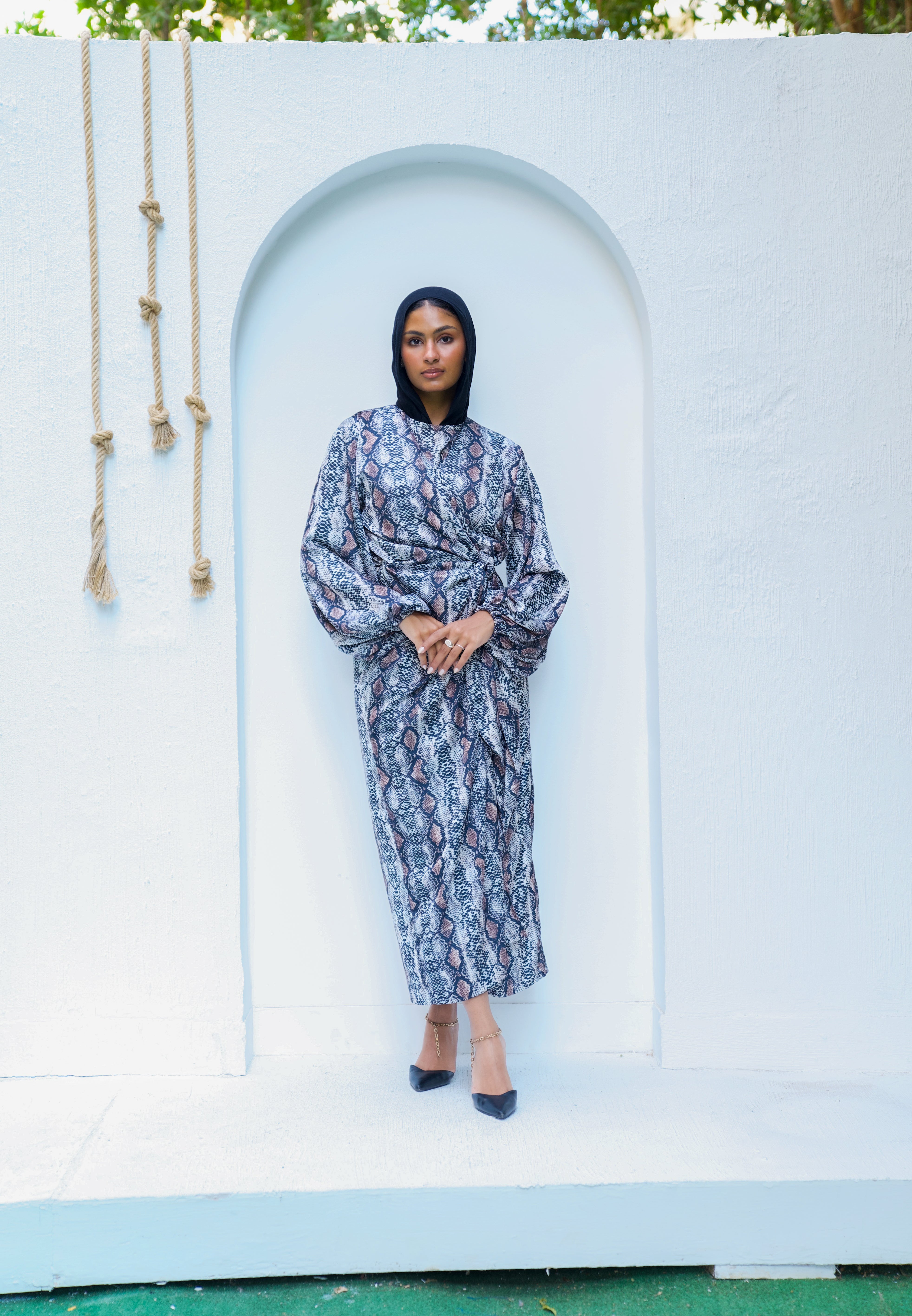 Snake satin wrap dress