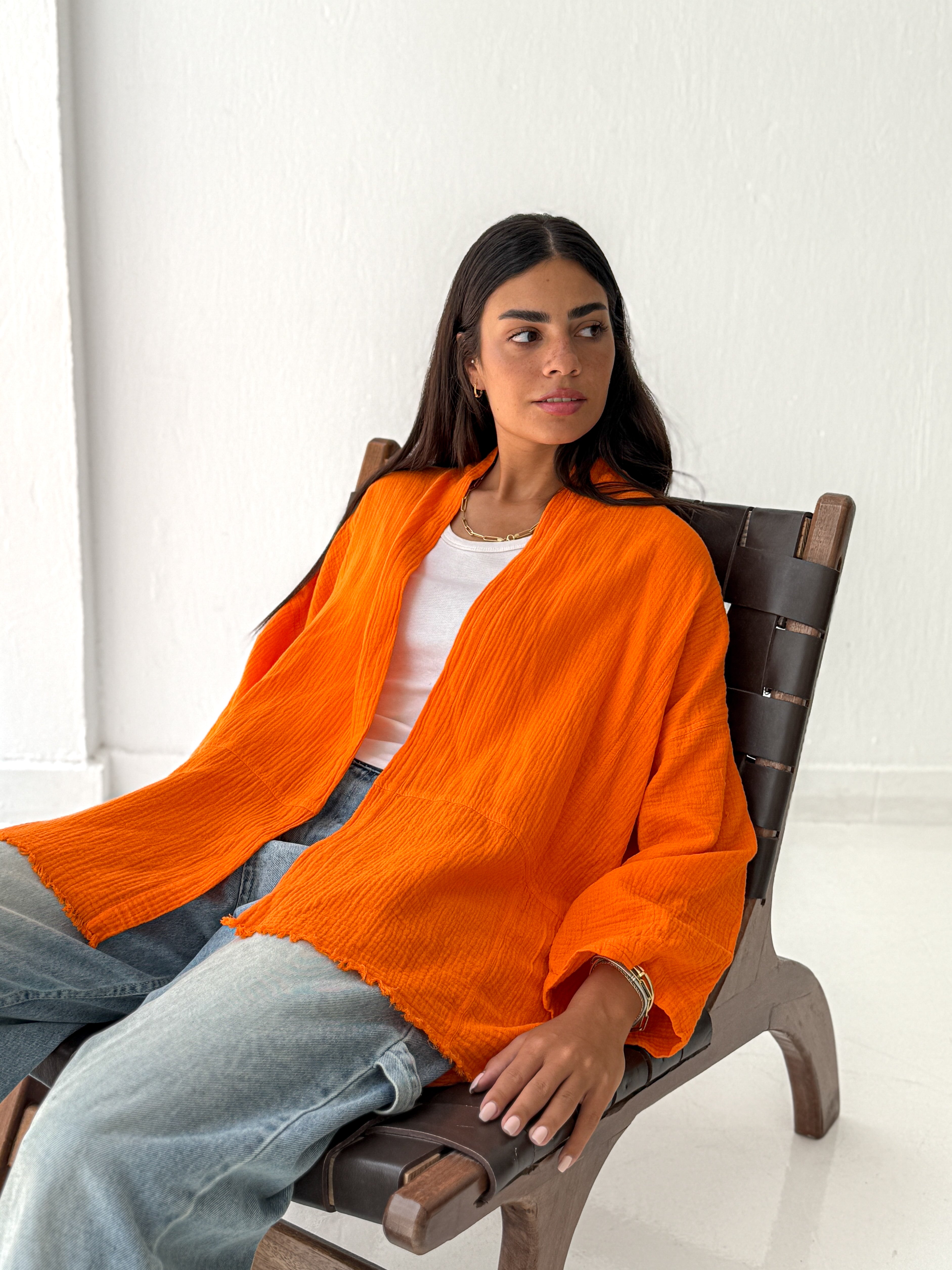 Cotton fringed kimono in Orange