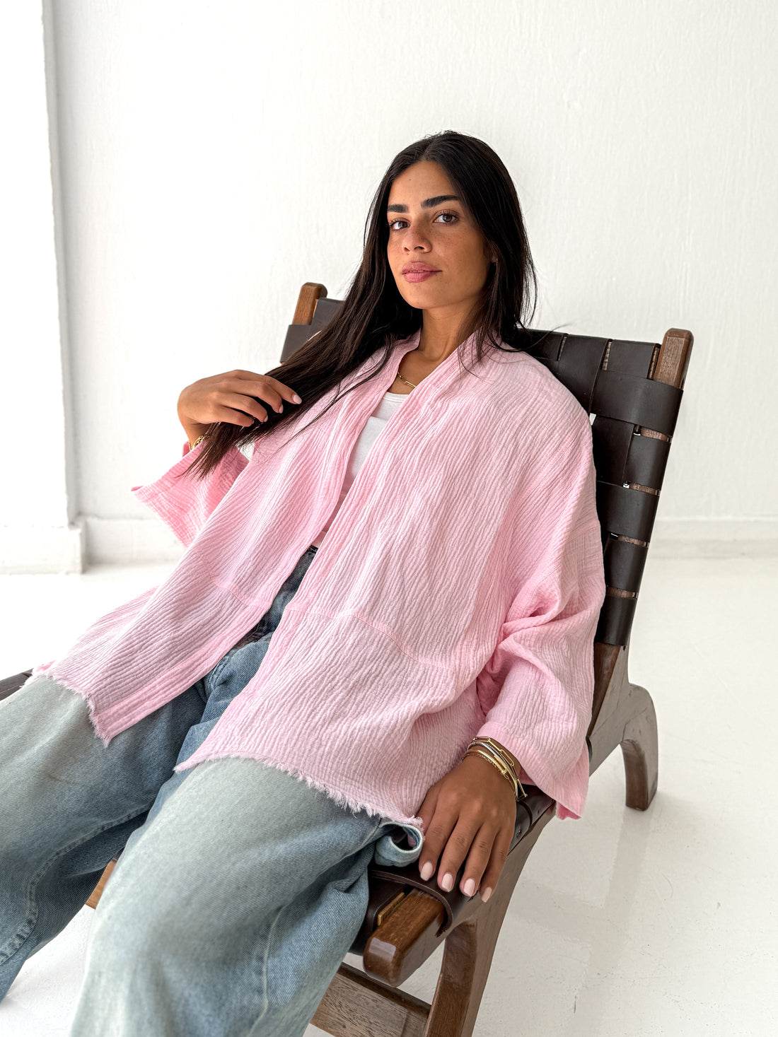 Cotton Fringed kimono in pink