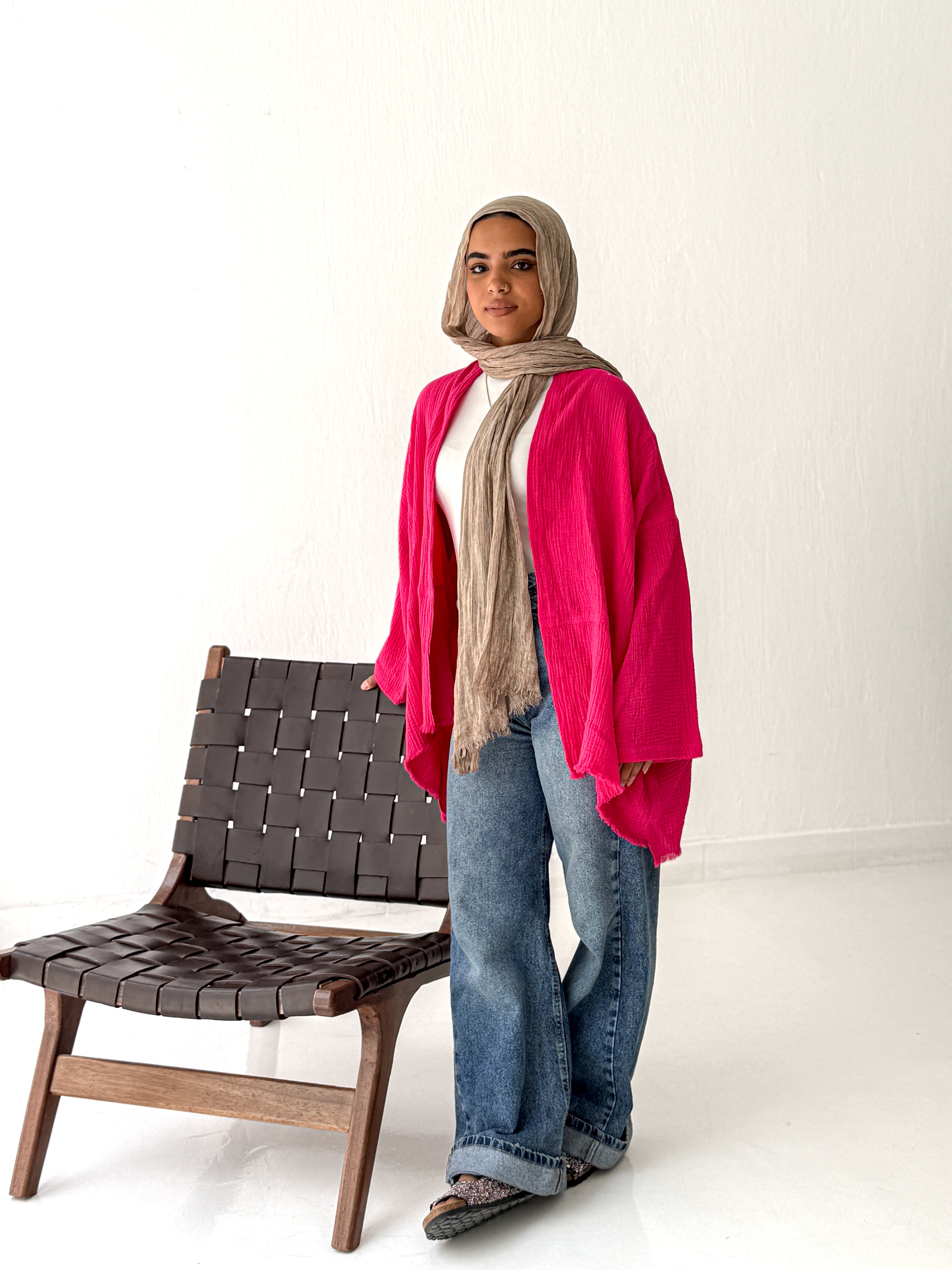 Cotton Fringed kimono in Fuchsia