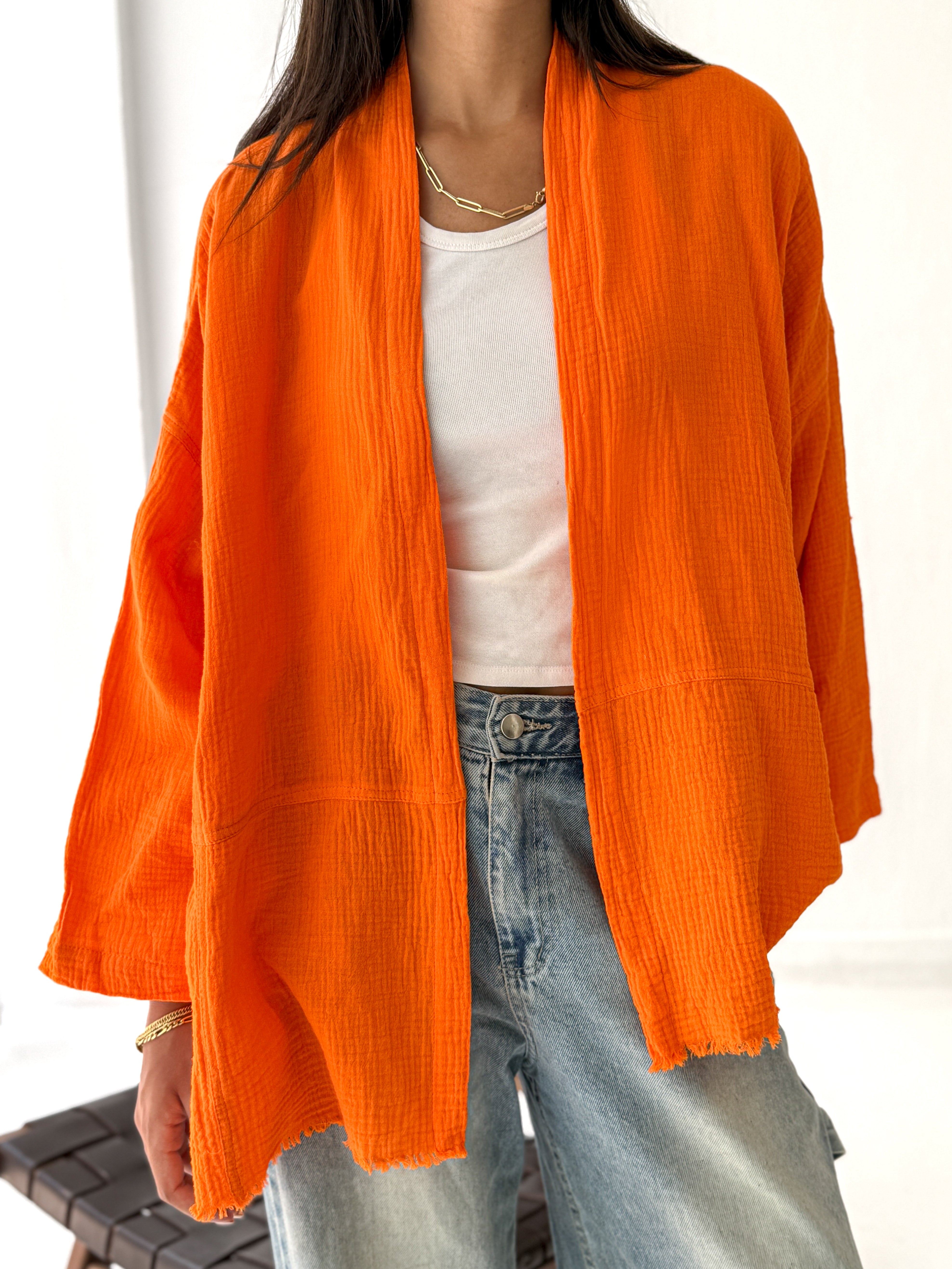 Cotton fringed kimono in Orange