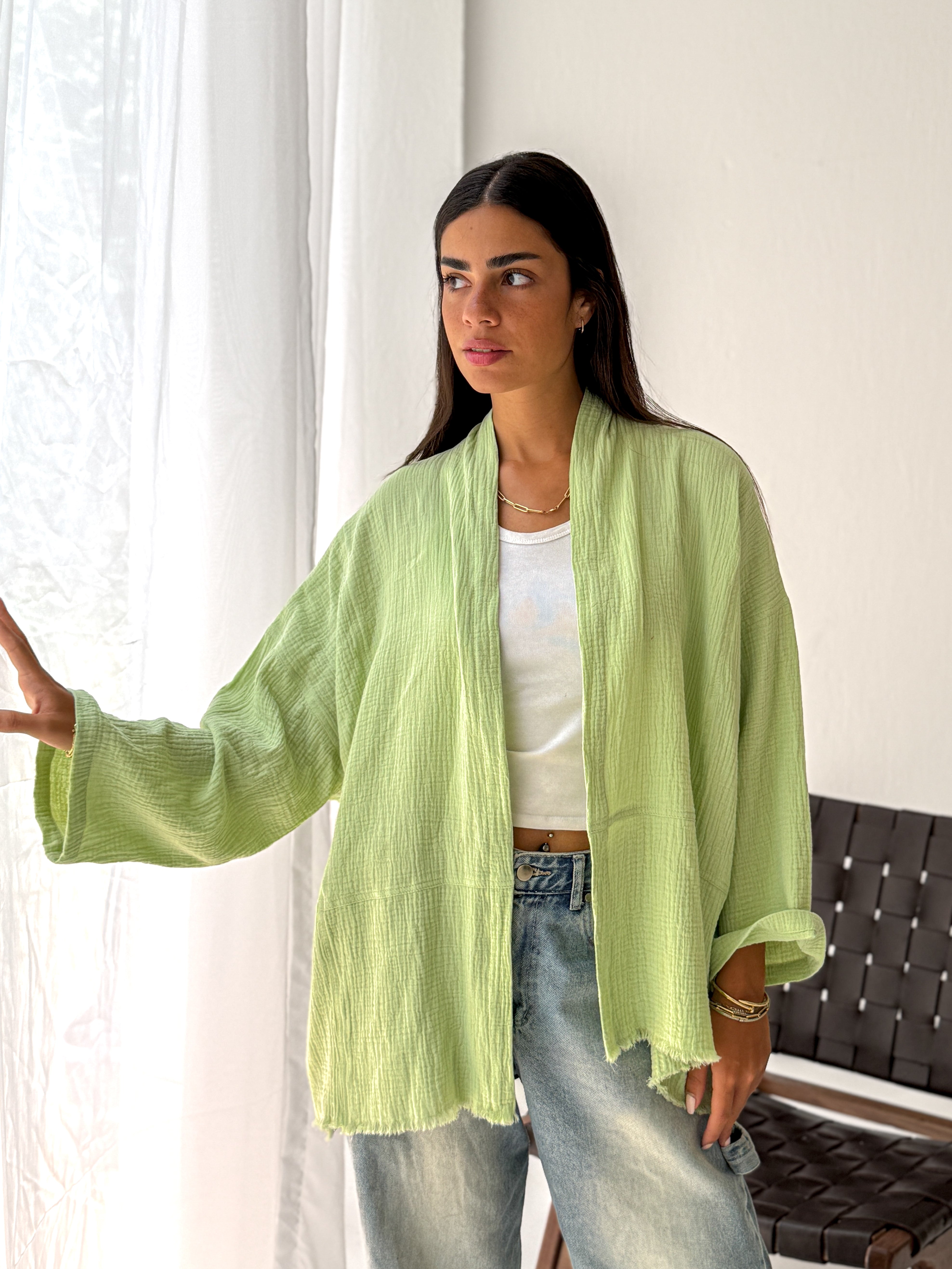 Cotton Fringed kimono in Mint