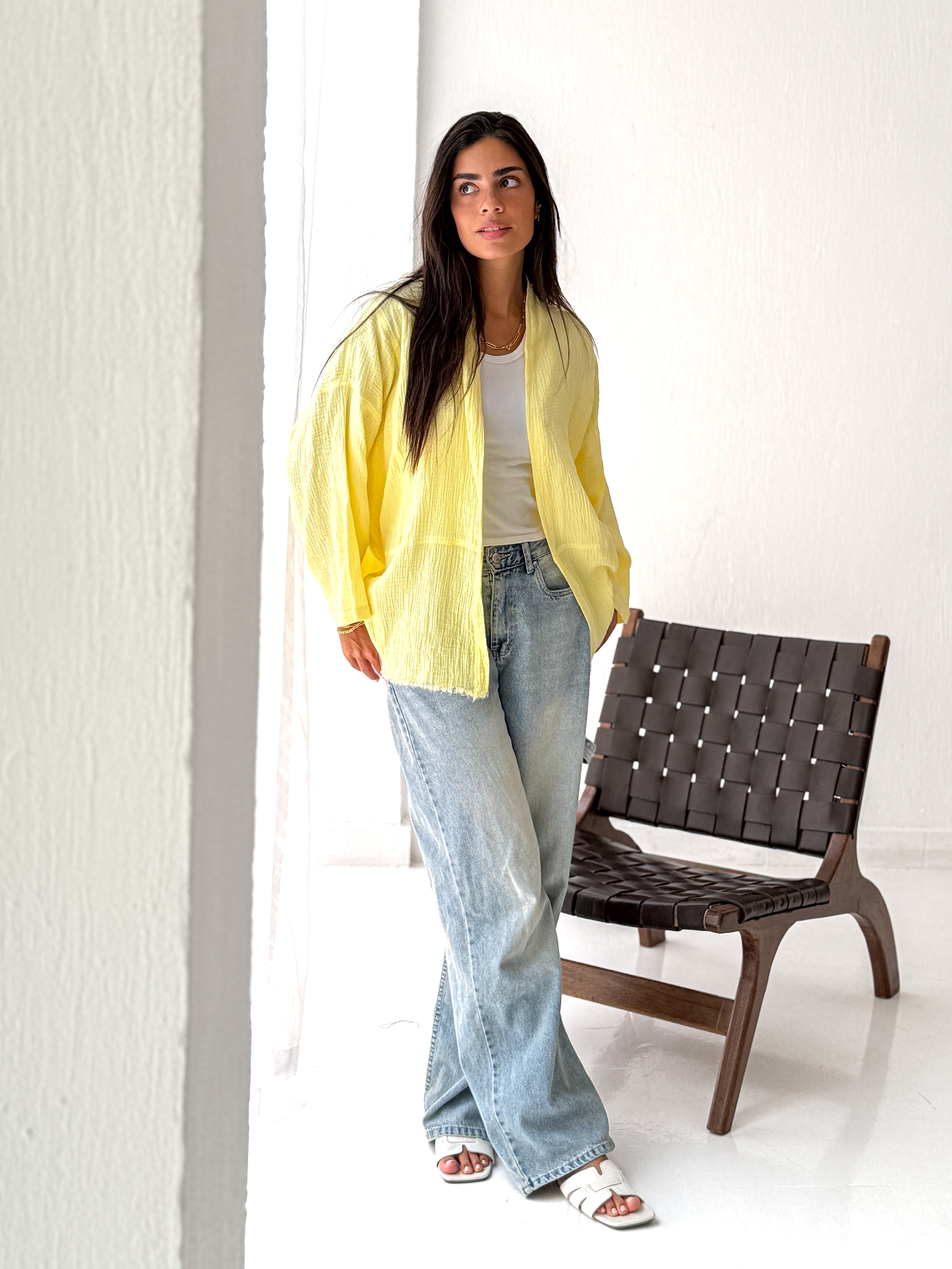 Cotton Fringed kimono in Yellow