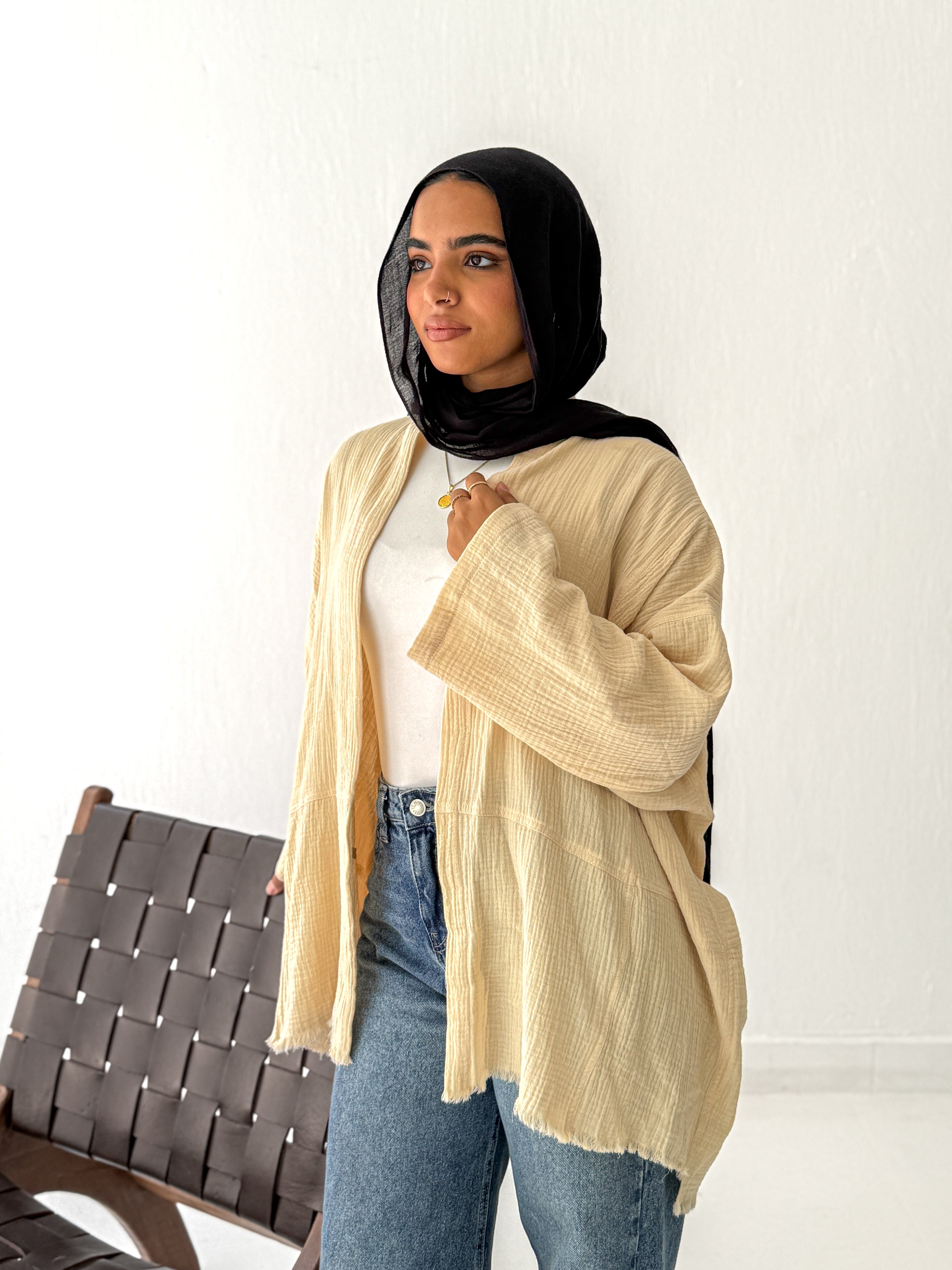 Cotton Fringed kimono in Beige