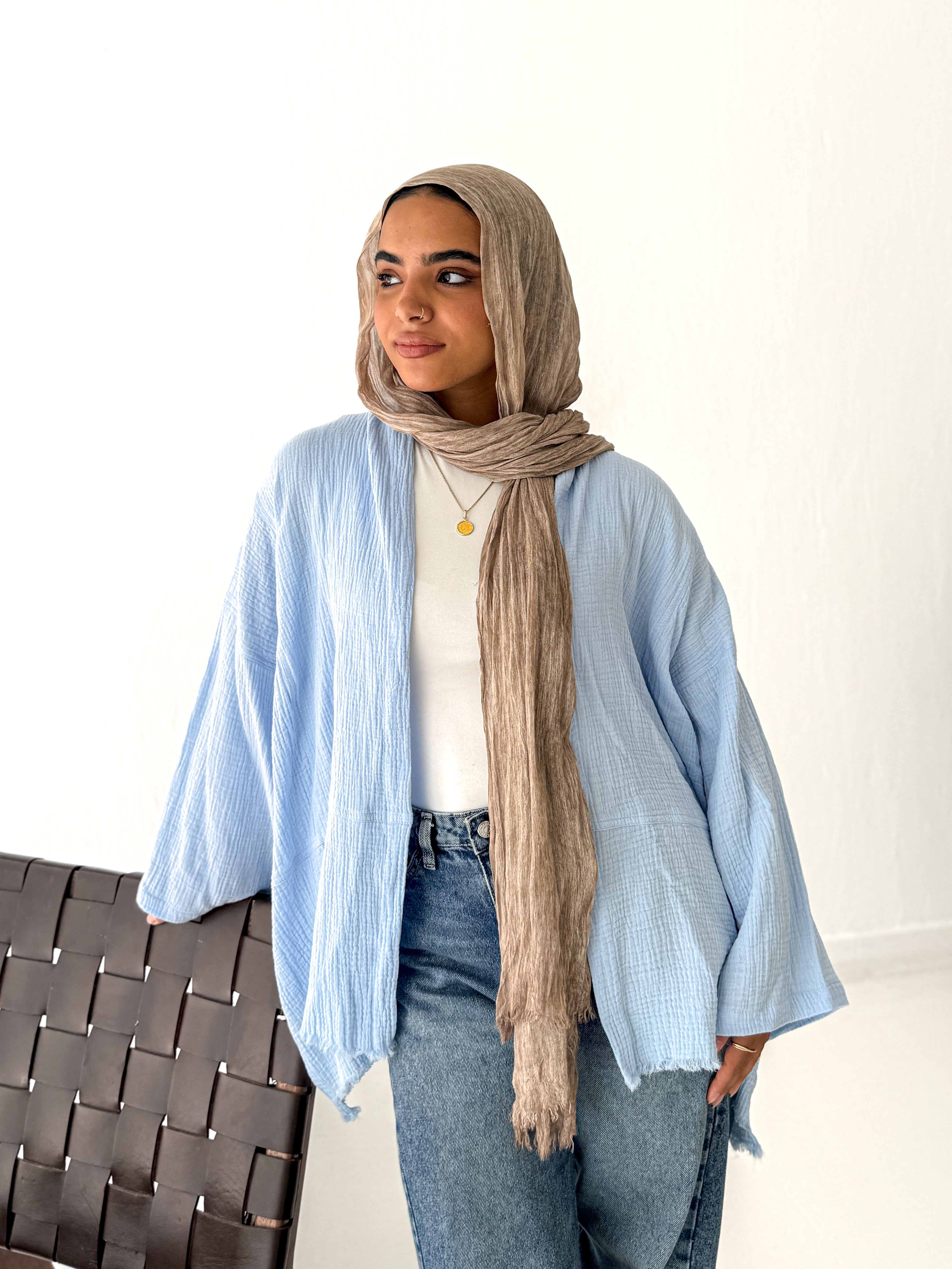Cotton fringed kimono in baby blue