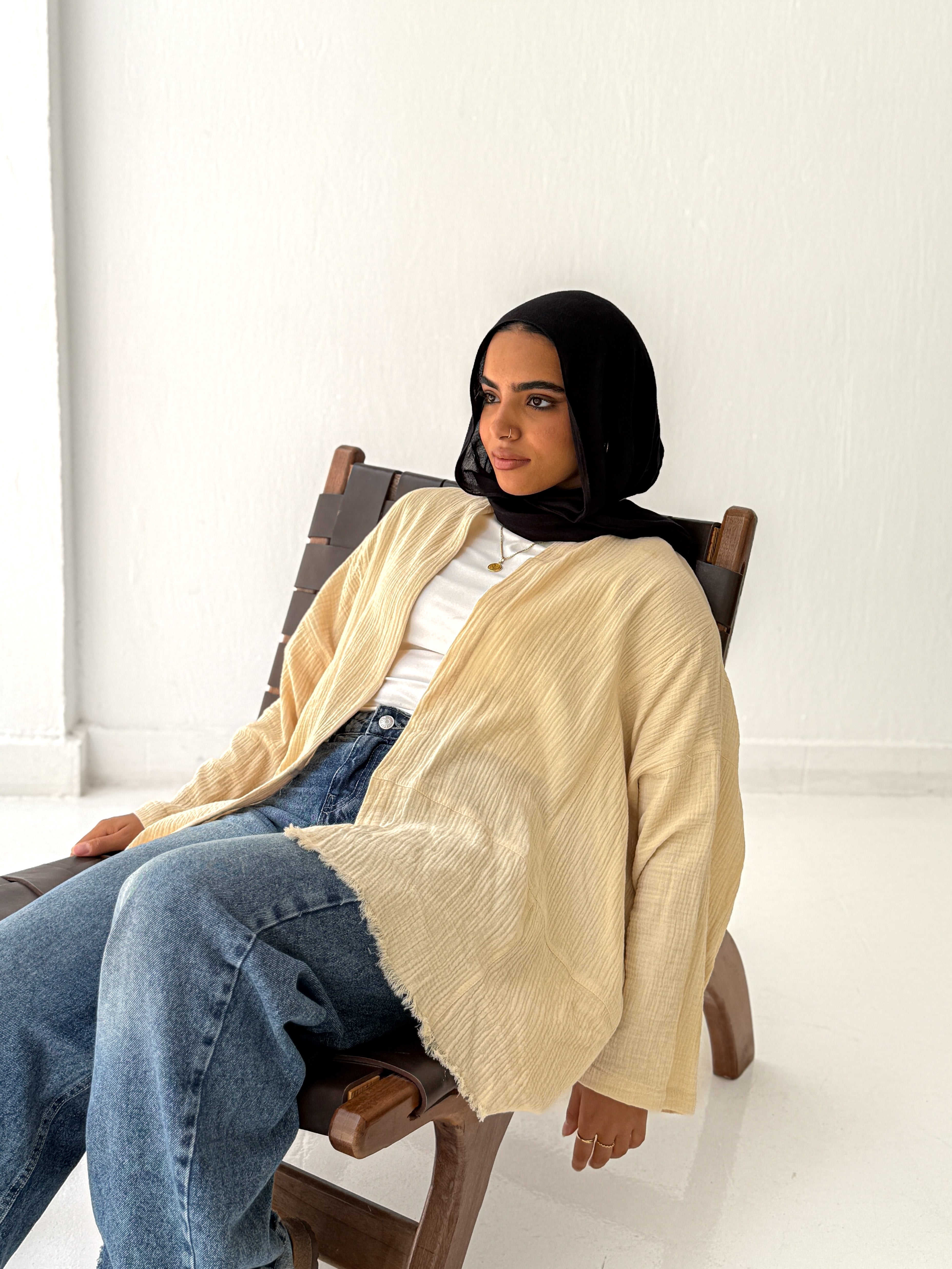 Cotton Fringed kimono in Beige