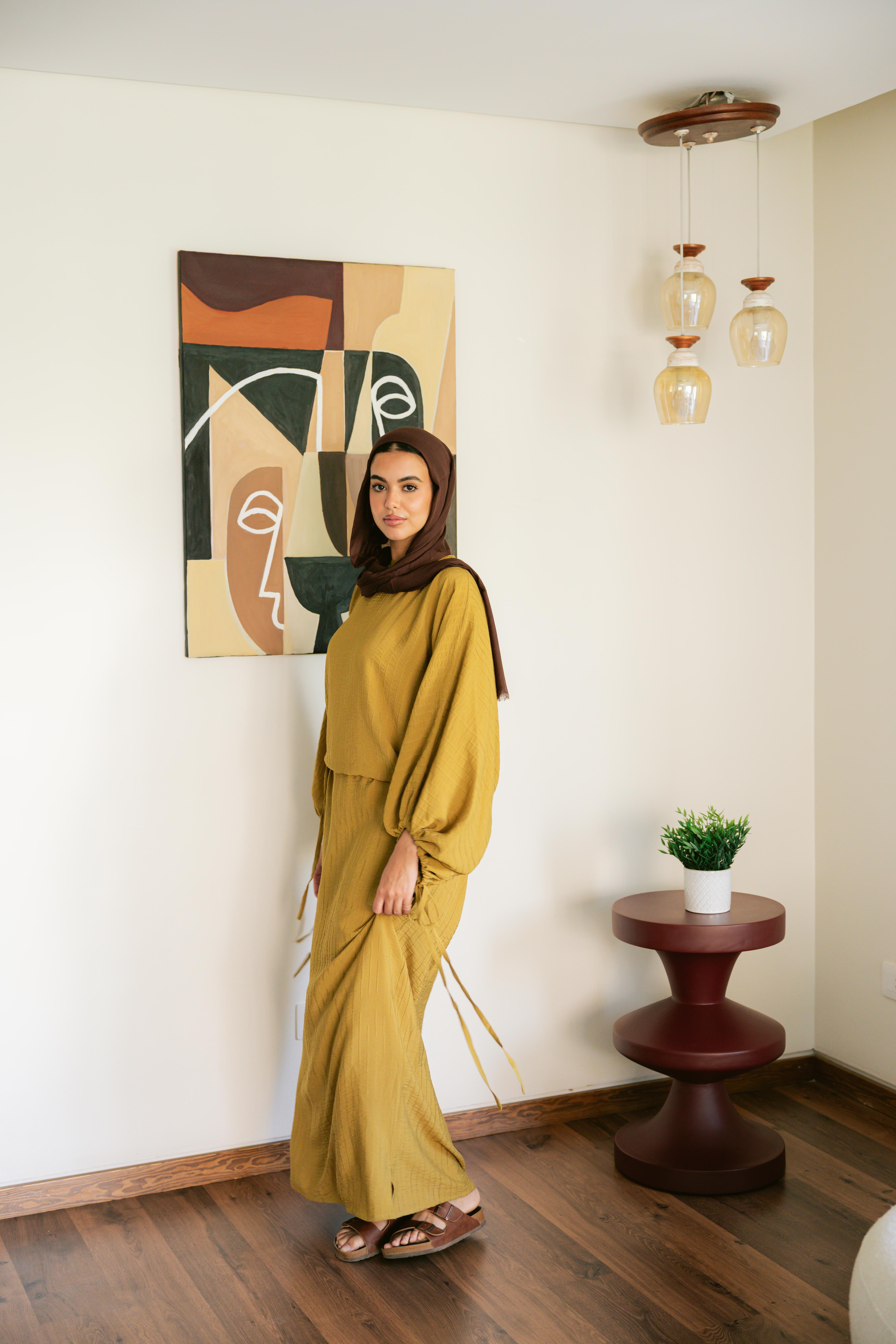 Drawstring dress in cumin
