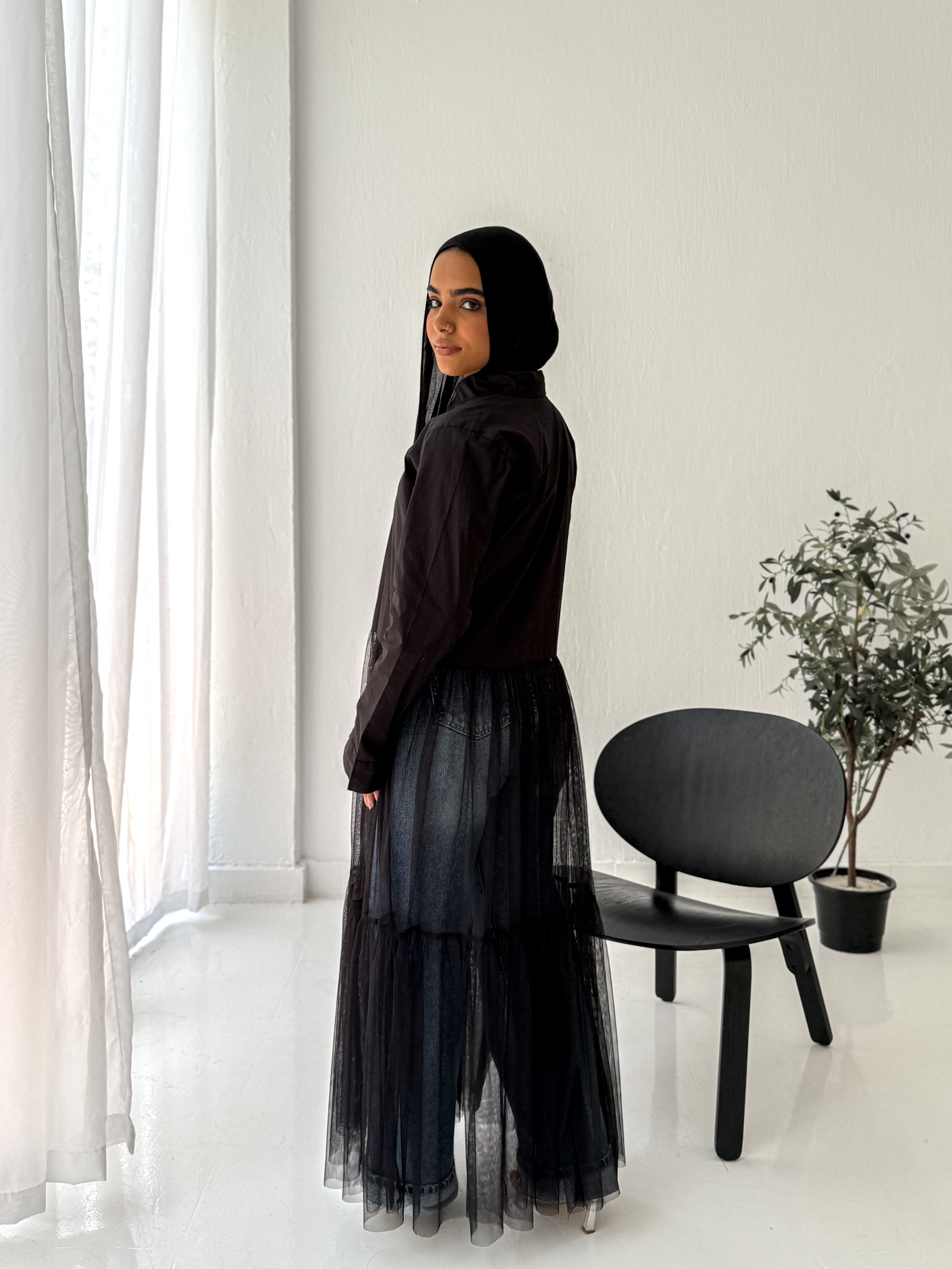 Tulle Shirt-Dress in Black