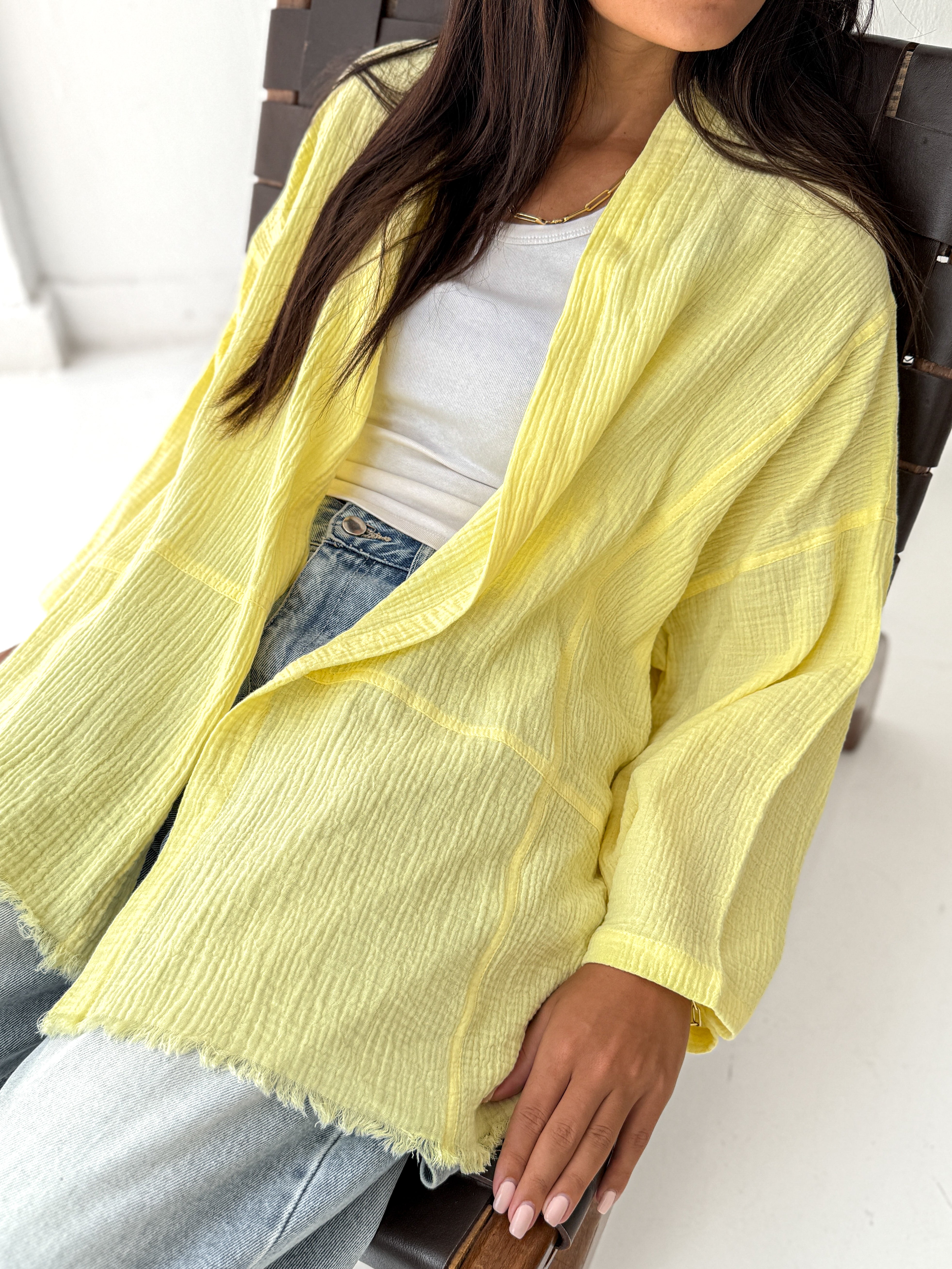 Cotton Fringed kimono in Yellow