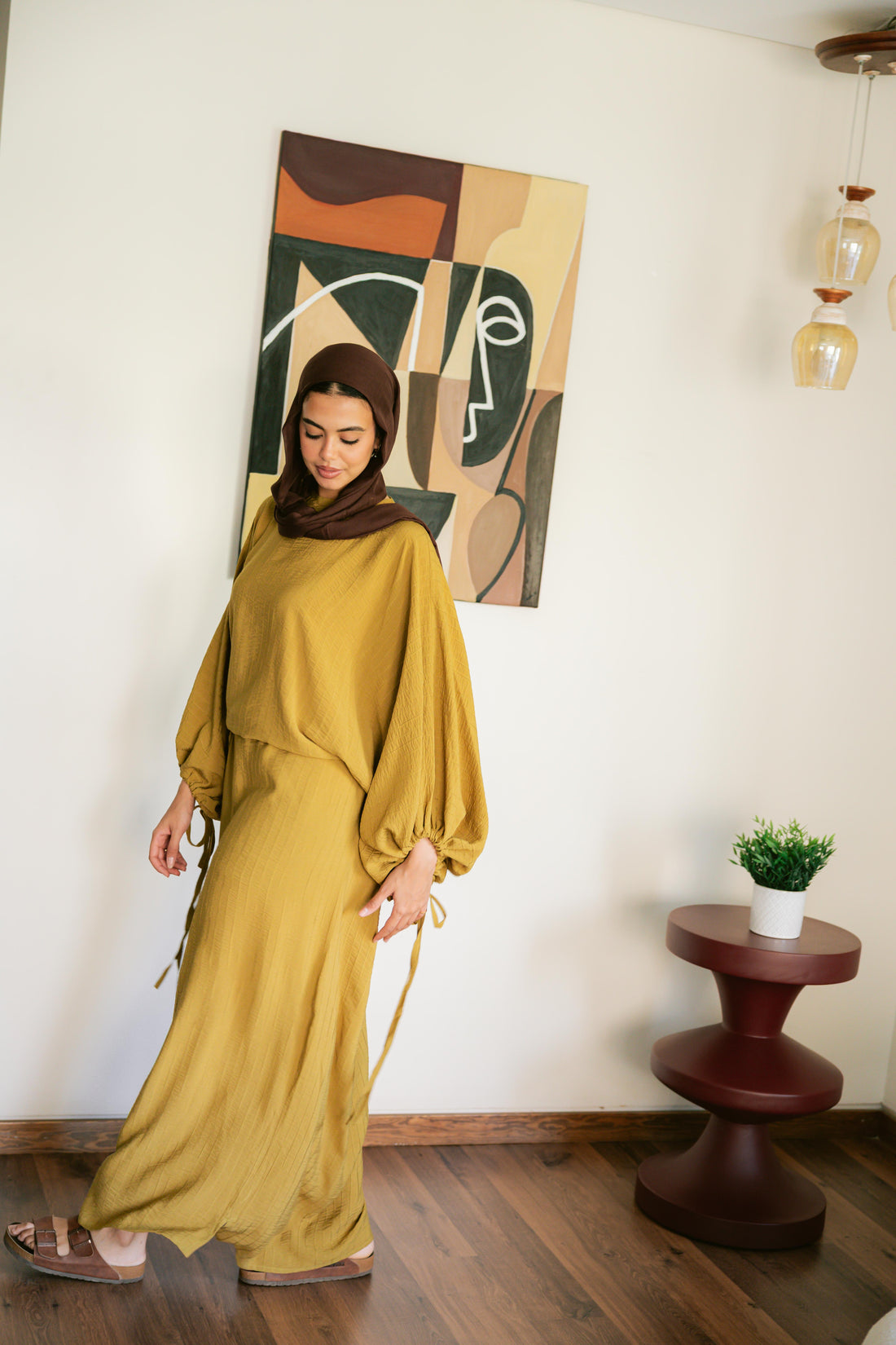 Drawstring dress in cumin
