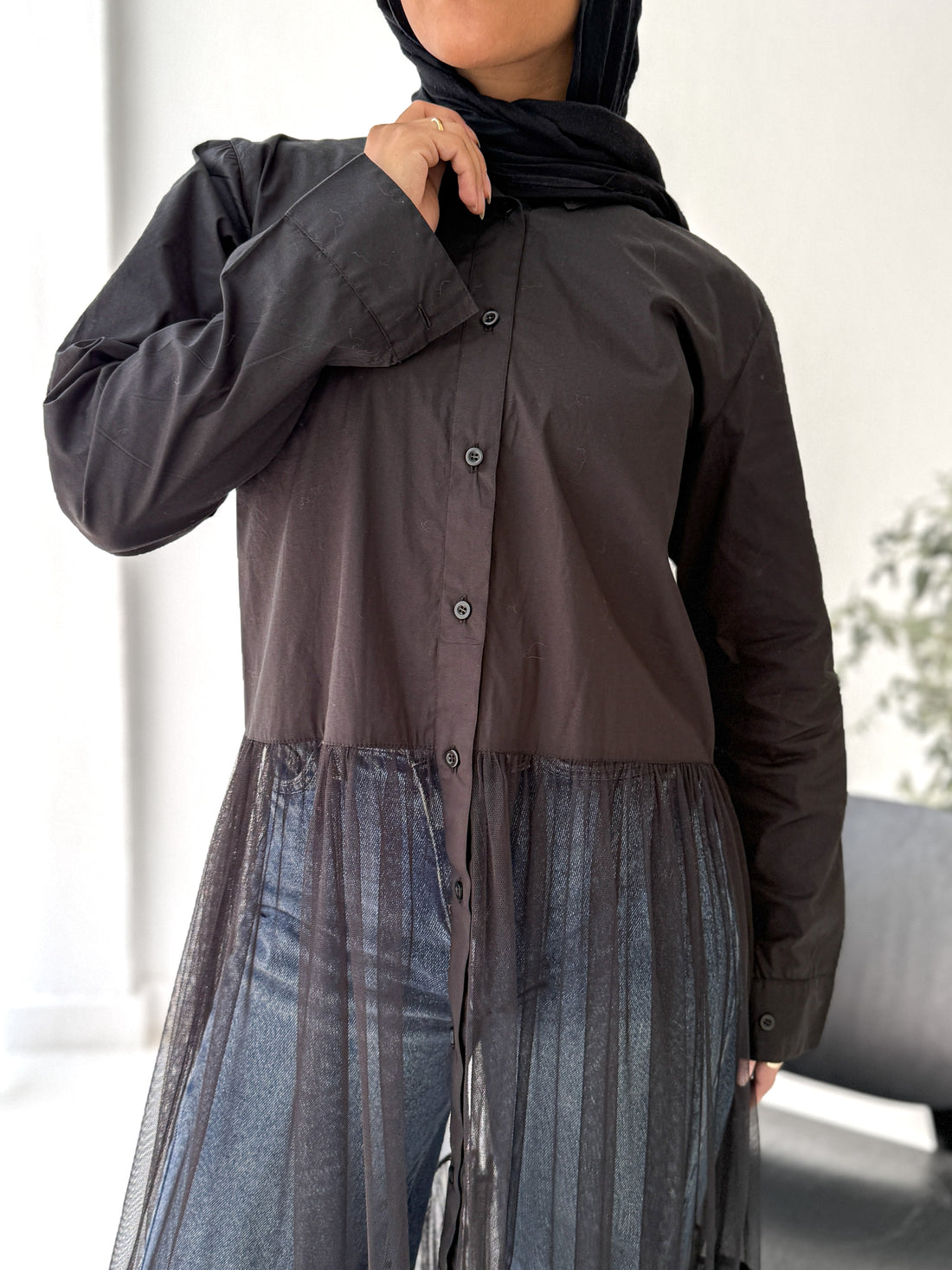 Tulle Shirt-Dress in Black