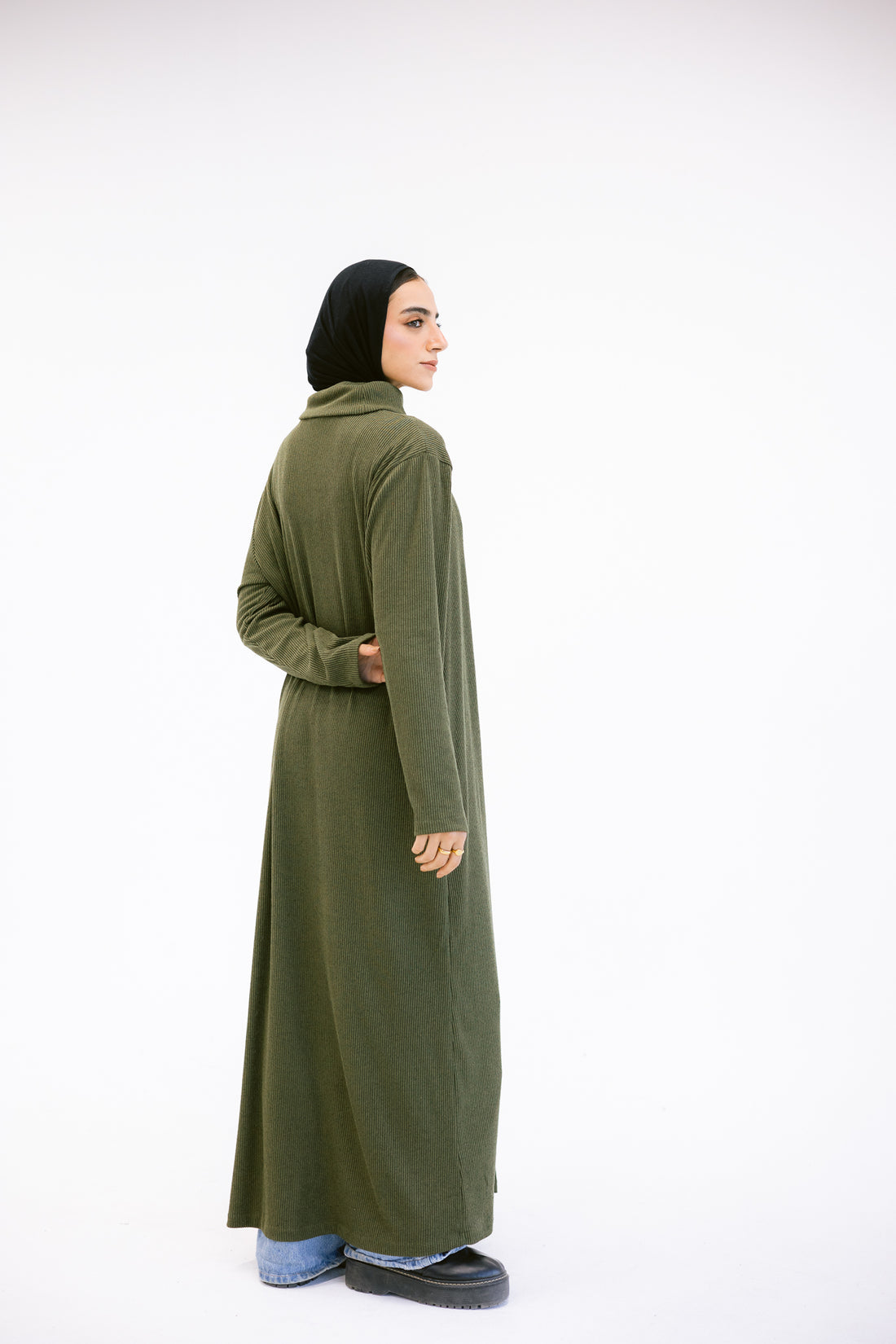 Turtle neck Split Dress in Olive