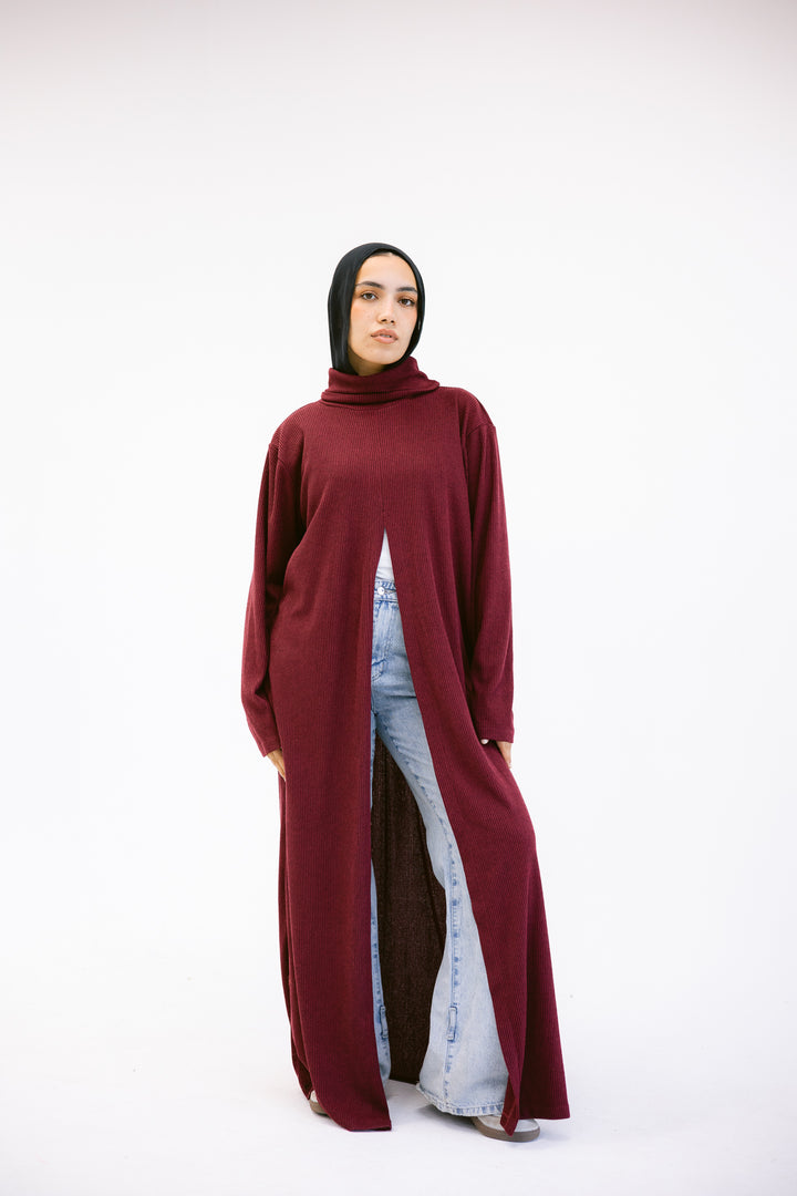 Turtle neck Split Dress in Burgandy