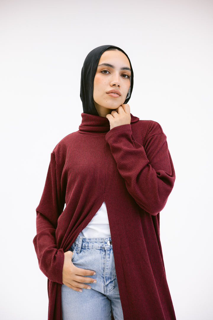 Turtle neck Split Dress in Burgandy