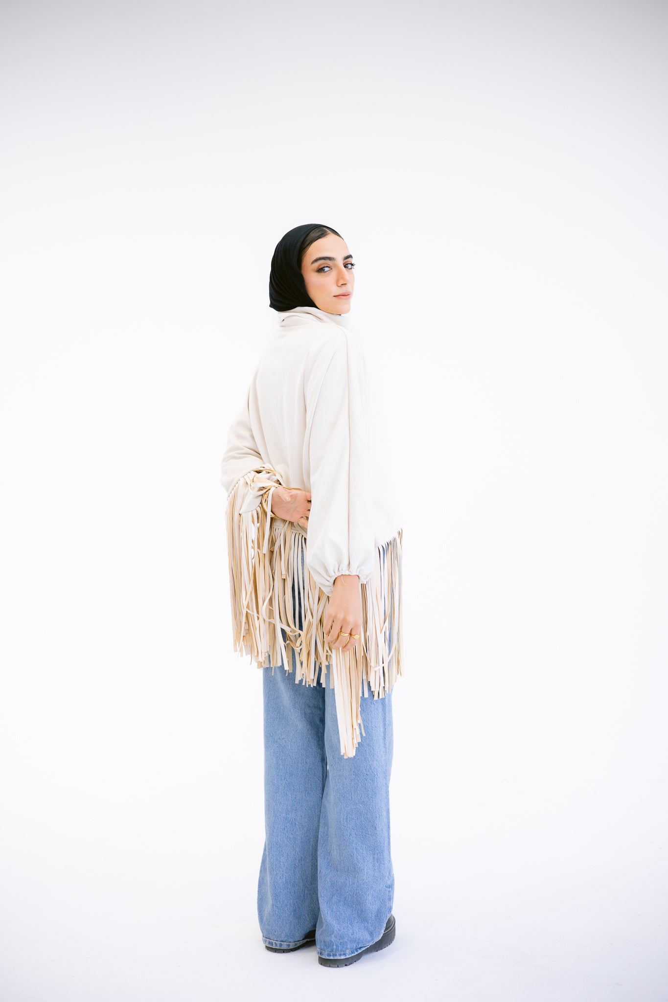 Suede fringes top in Beige