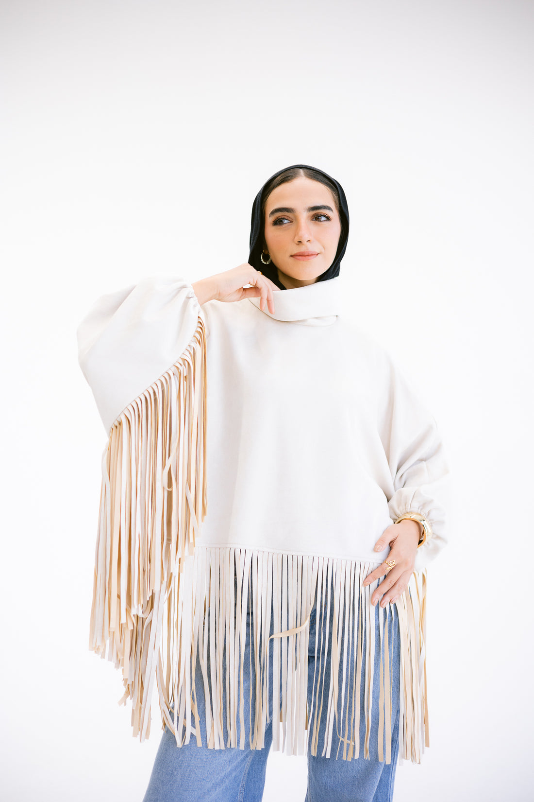 Suede fringes top in Beige