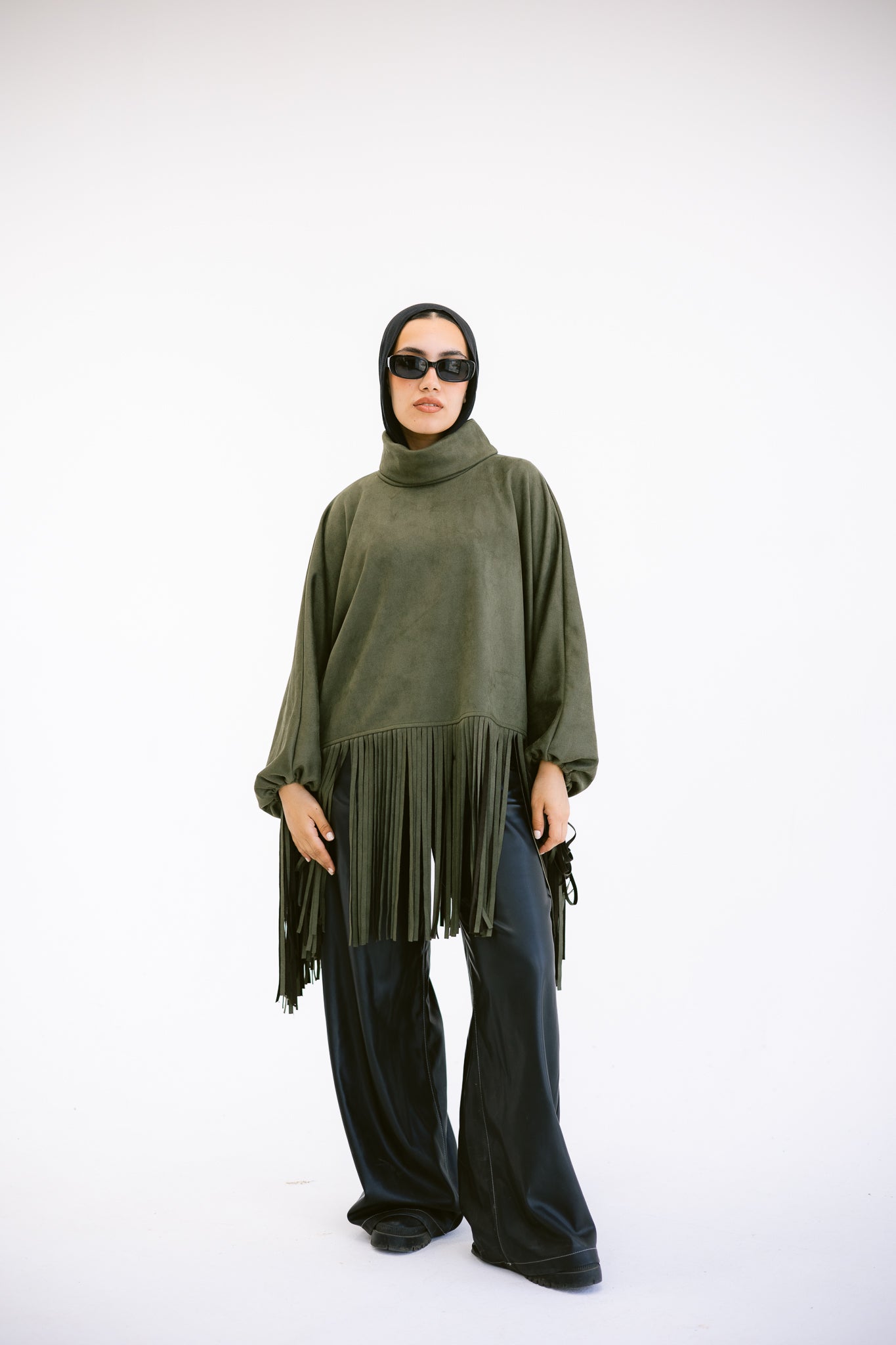 Suede fringes top in Olive