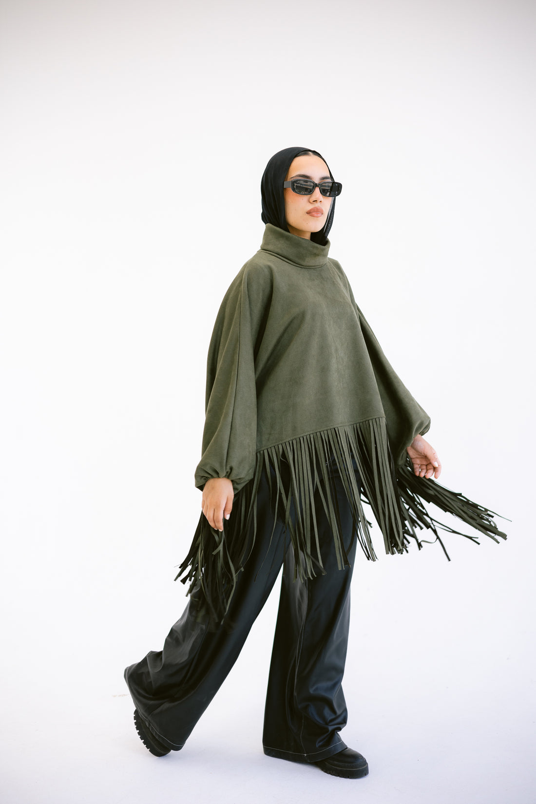 Suede fringes top in Olive