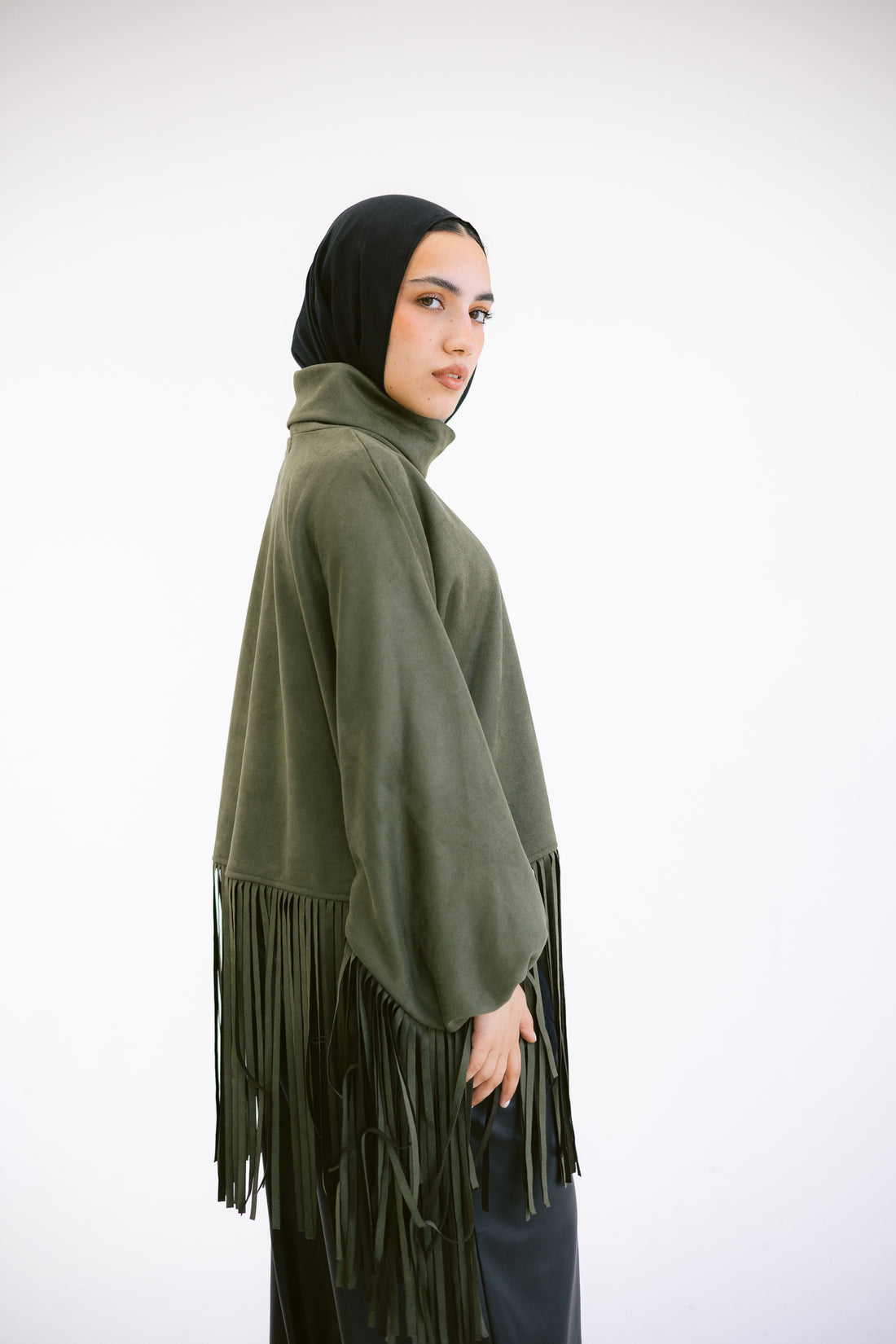 Suede fringes top in Olive